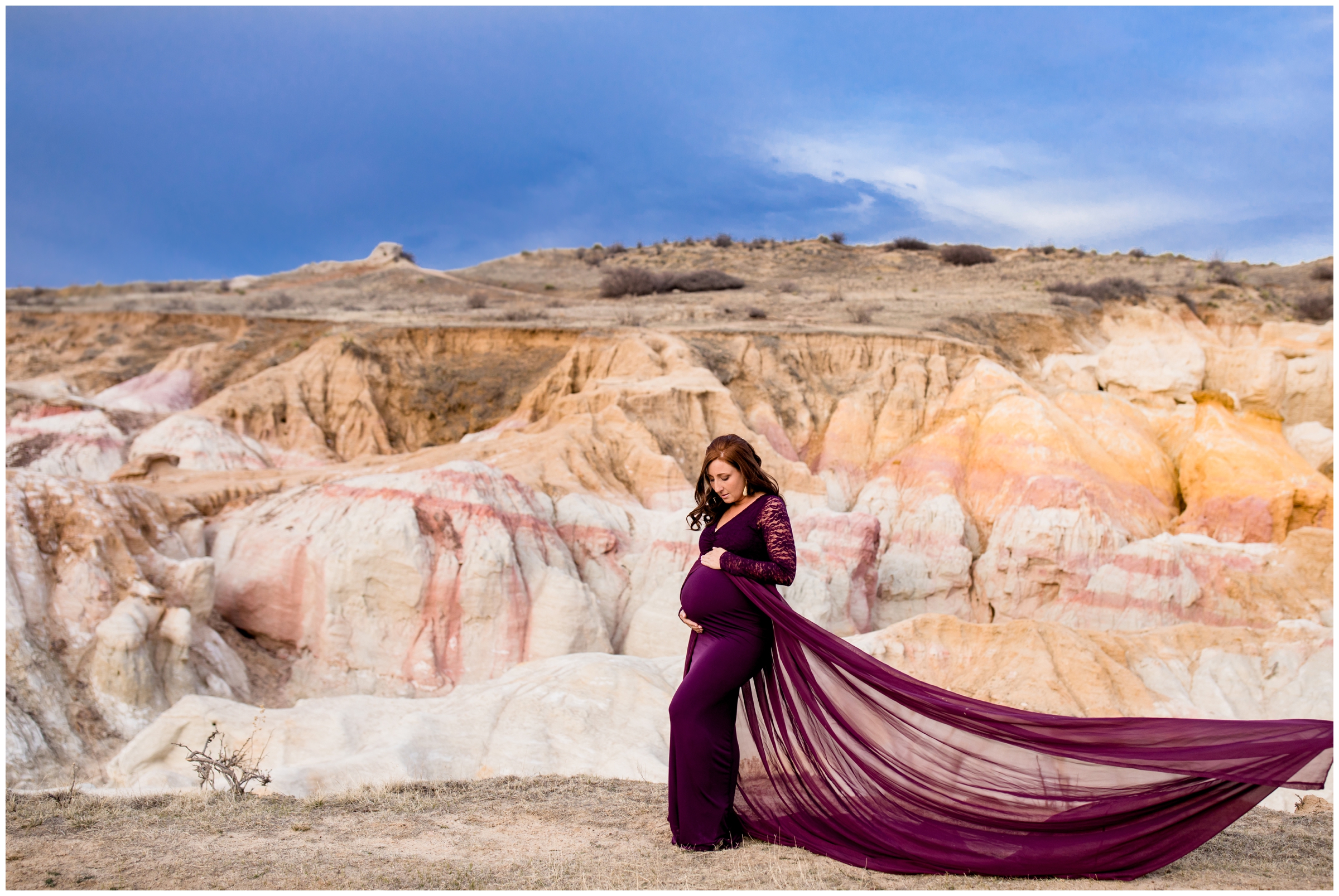 long purple maternity gown on pregnant woman during Colorado maternity photographs