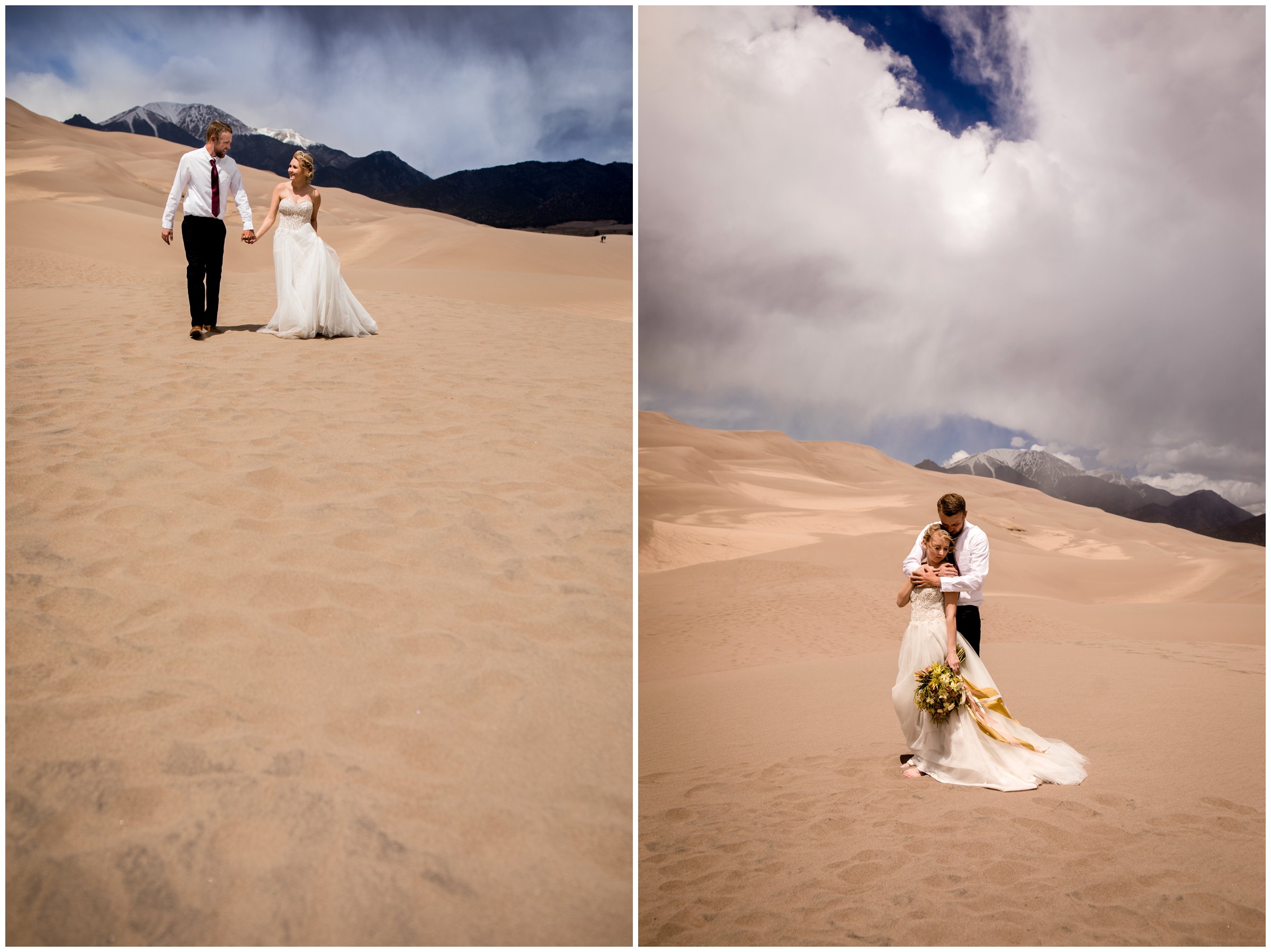 couple walking through sand dunes during Colorado adventure elopement 