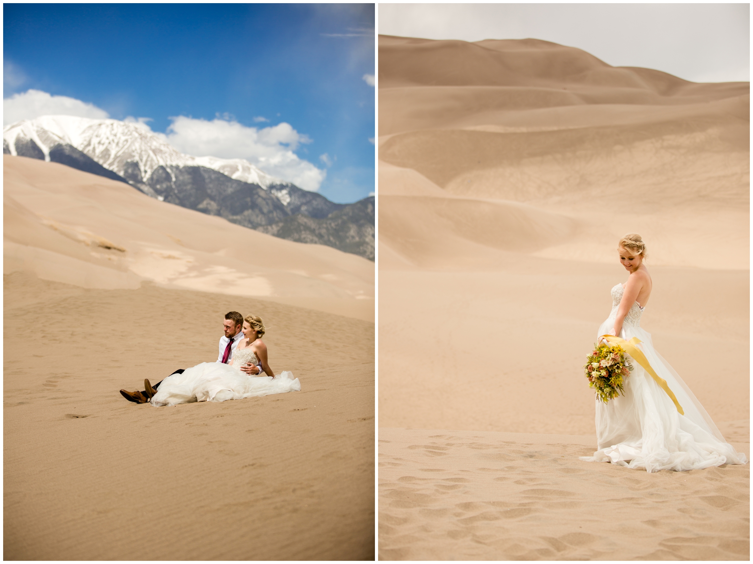 couple sitting in the sand in wedding attire at Great Sand Dunes National Park 