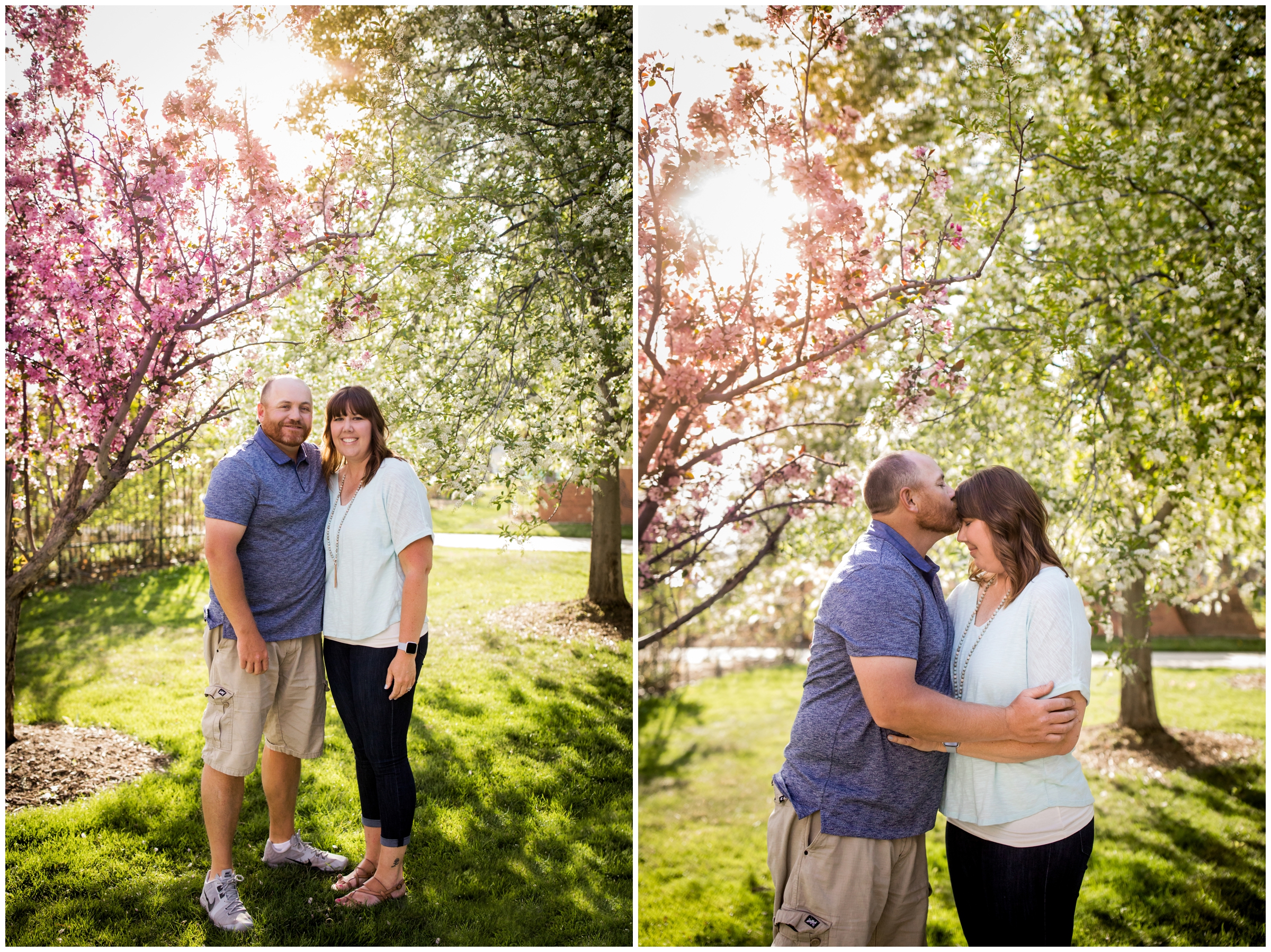 couple posing under cherry blossoms during Colorado couple's photos at Roosevelt Park