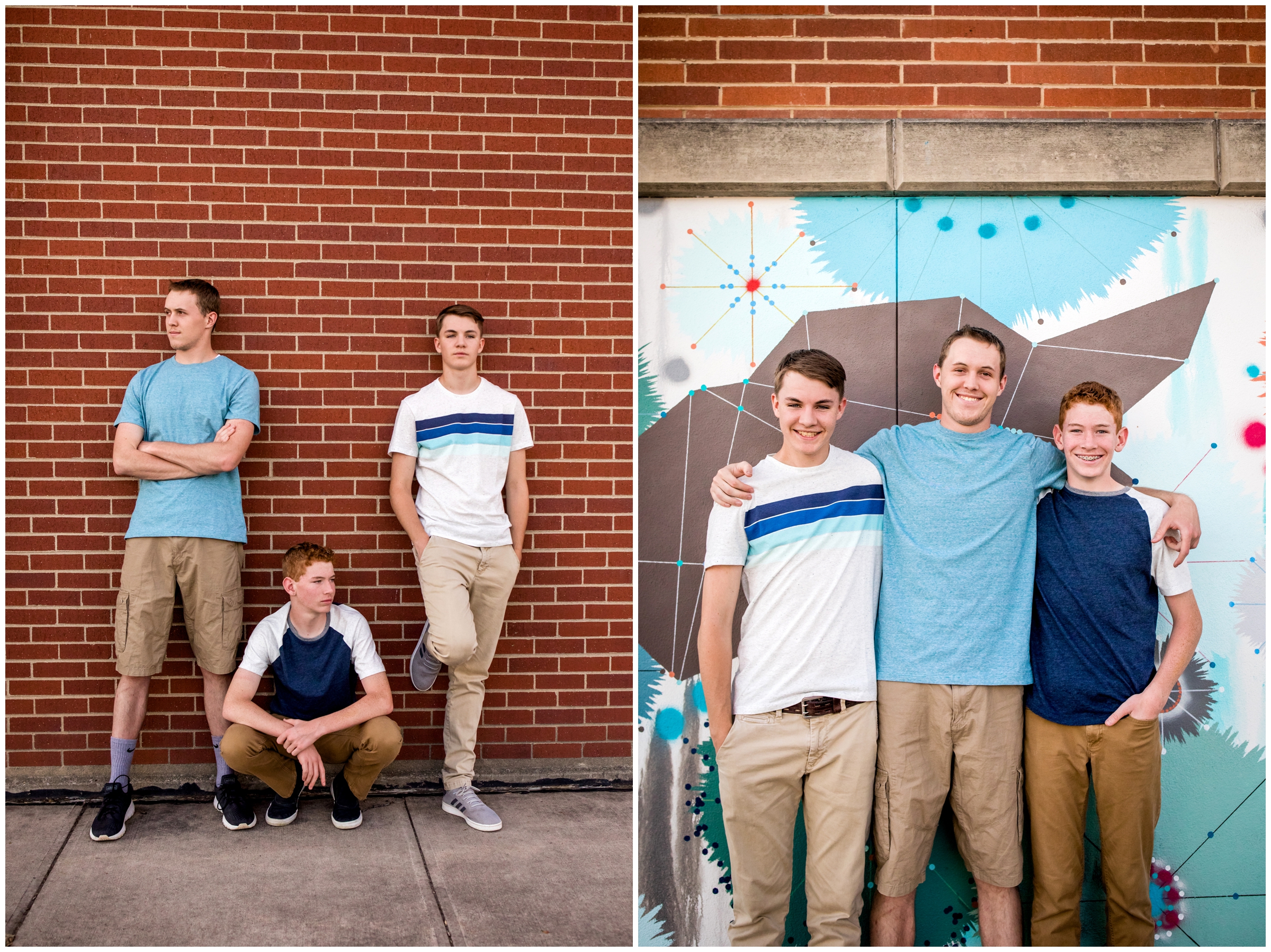 teen brothers posing against brick wall during urban Colorado family portraits 