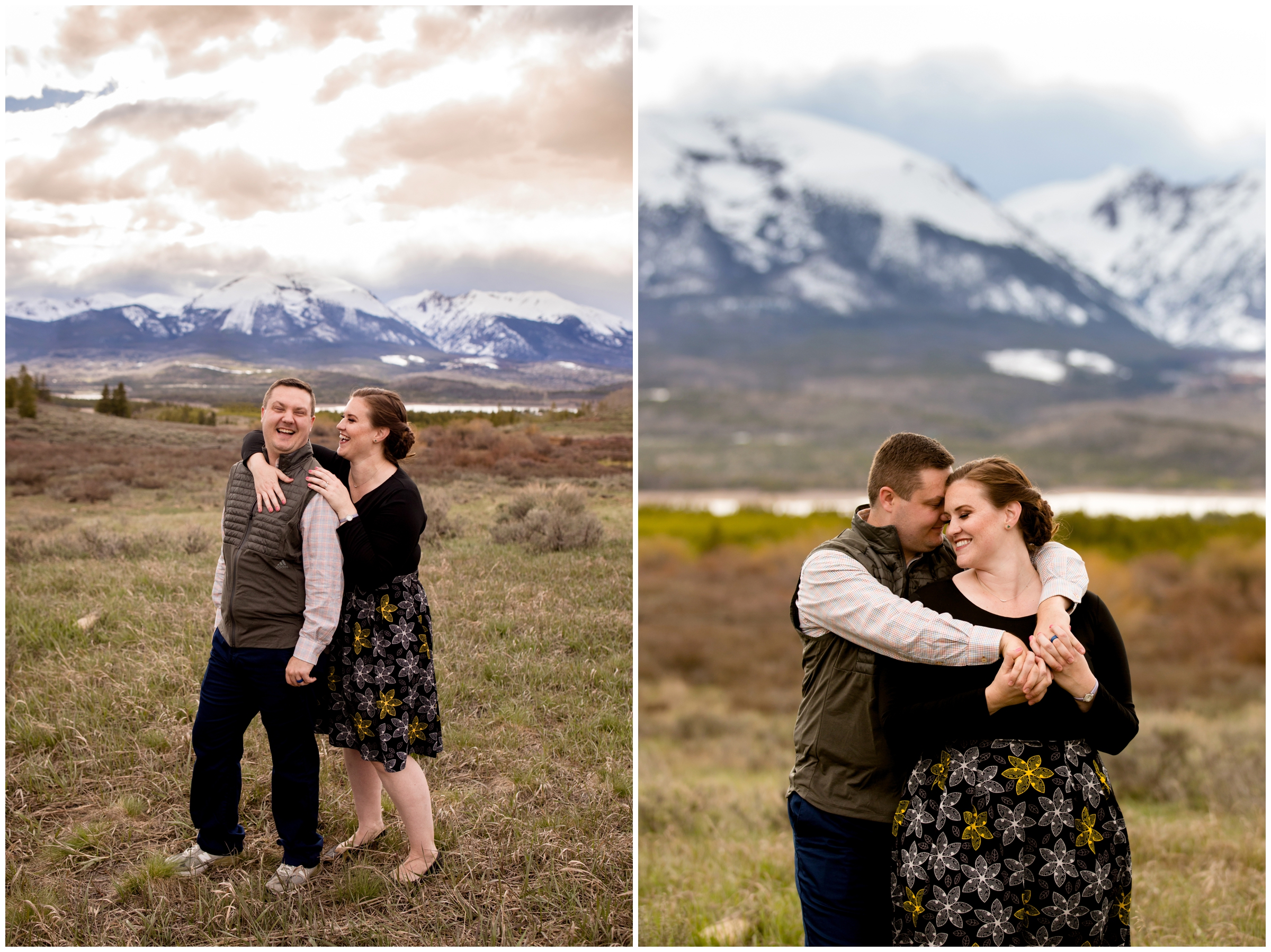 couple hugging with mountains in background at Windy Point Campground for Colorado anniversary photos