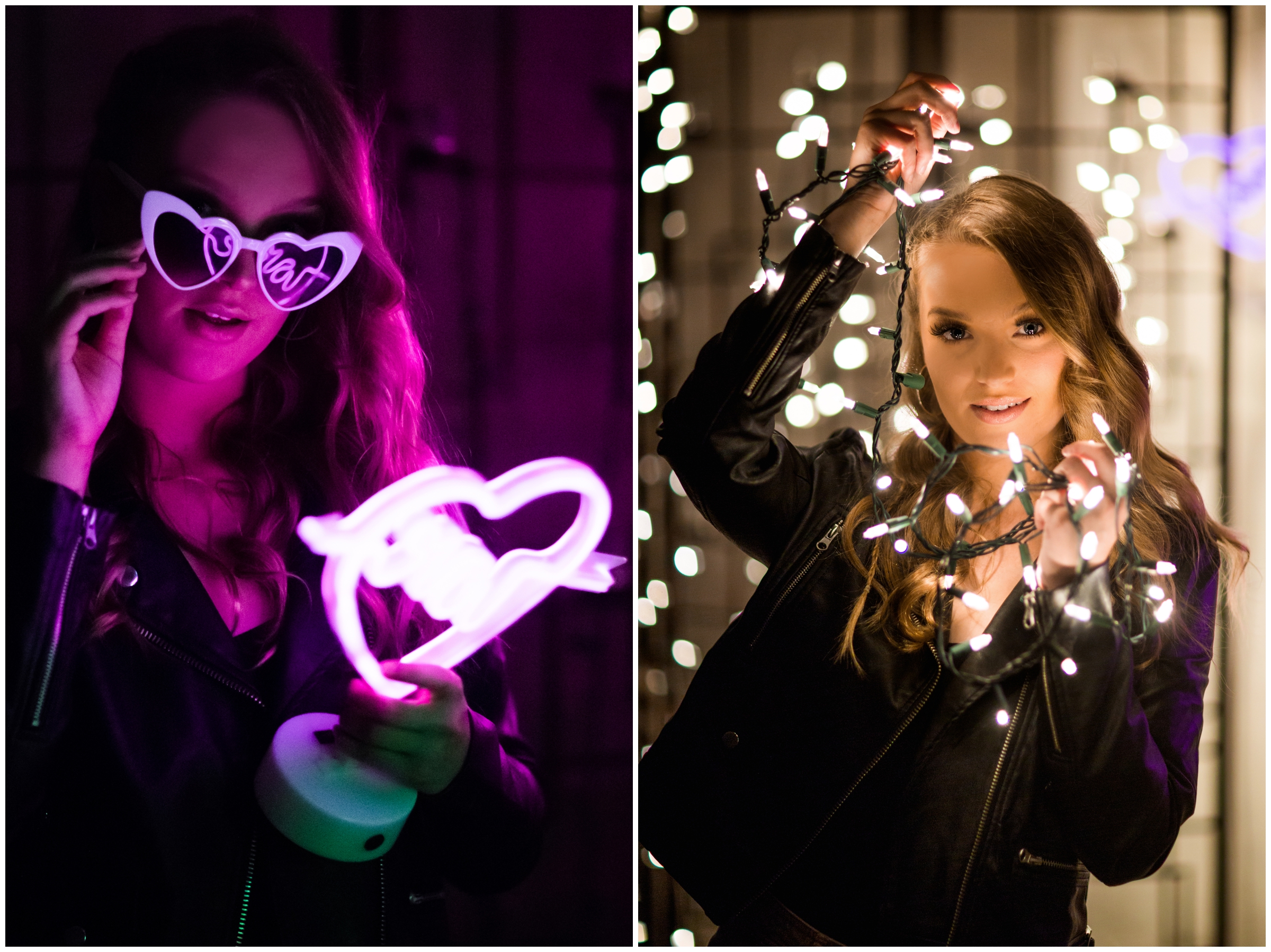 teen girl in sunglasses holding neon sign during Colorado night senior photography session