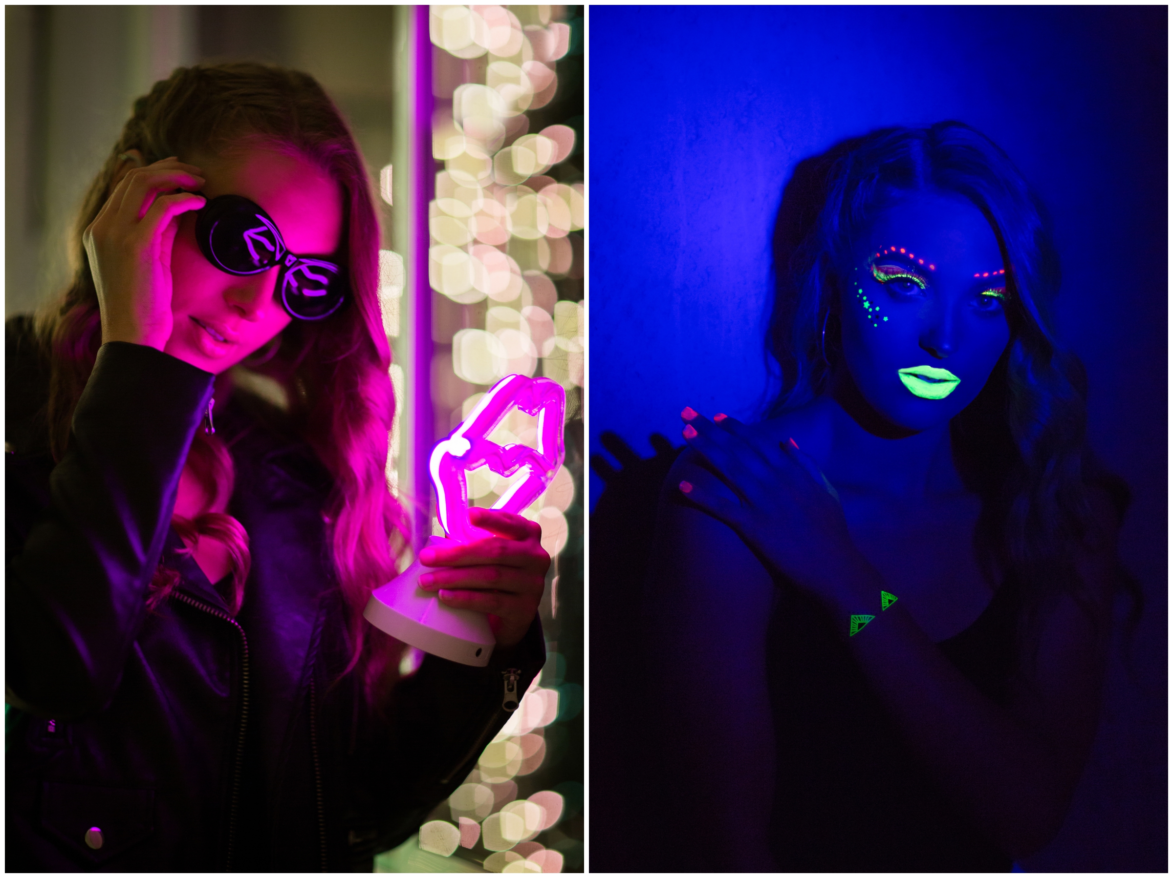 teen model with glow-in-the-dark makeup with blacklight during Colorado night senior photos