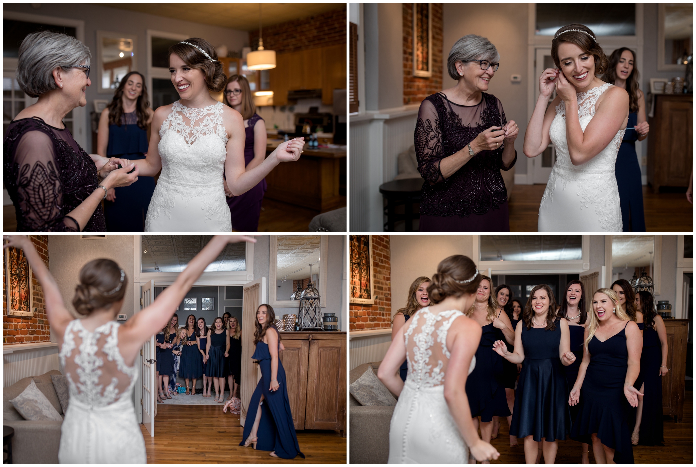 bride revealing her dress to her bridesmaids before Fort Collins wedding