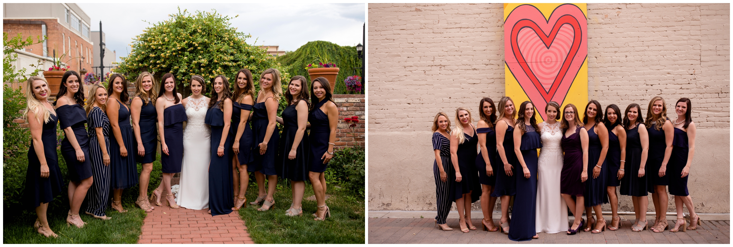 bridesmaids in navy blue posing in Ft. Collins alleyways before Colorado summer wedding