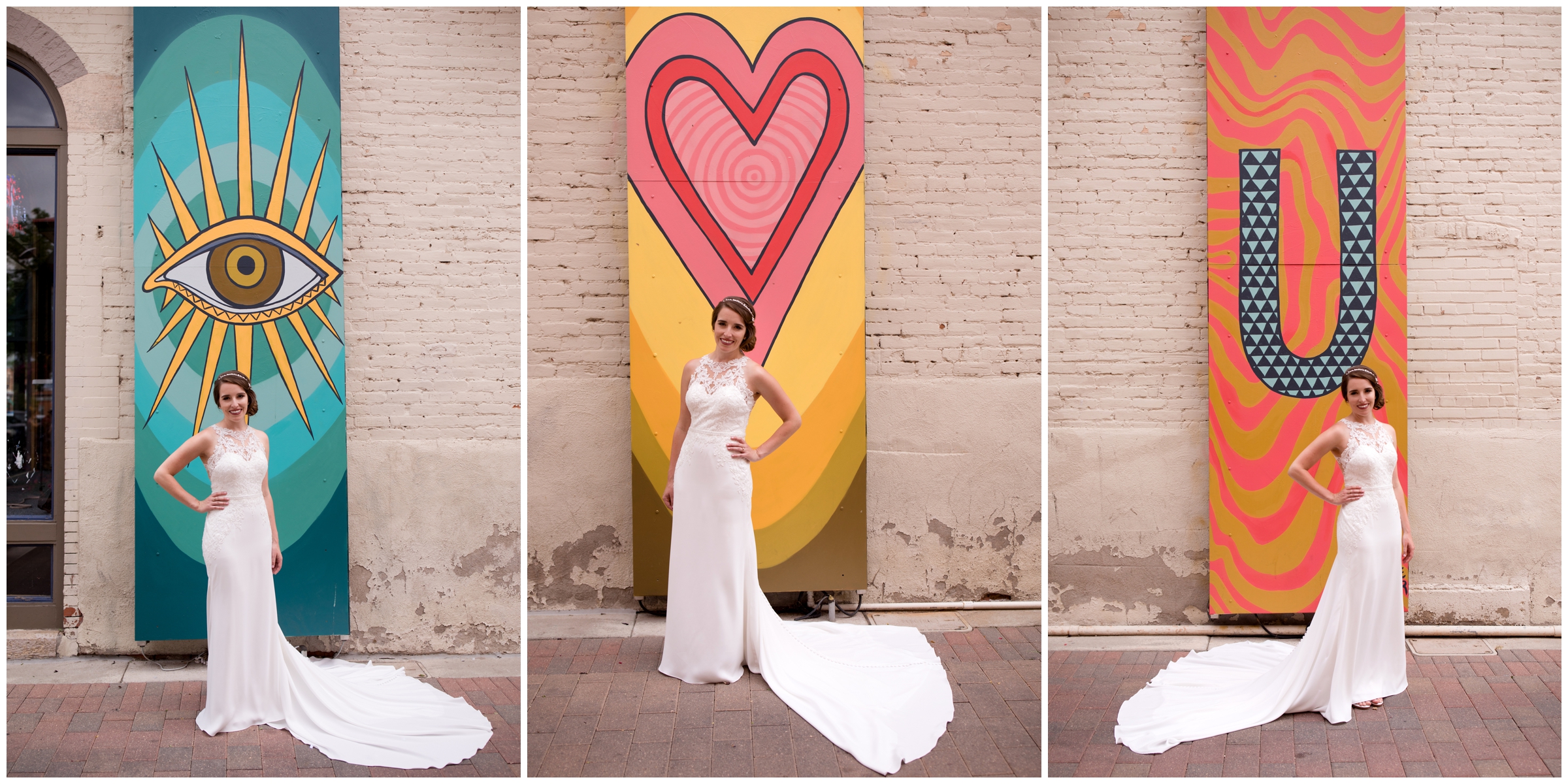 bride posing in urban alleyway before downtown Fort Collins Colorado wedding
