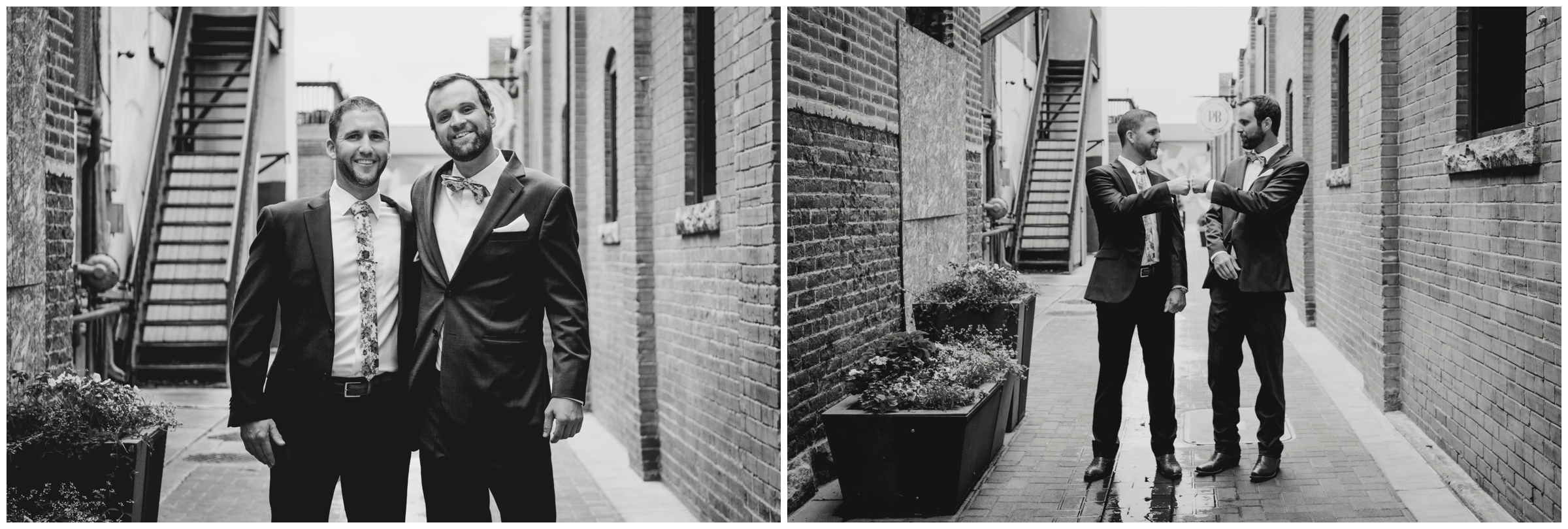 groom and best man posing in alleyway in Ft. Collins Colorado 