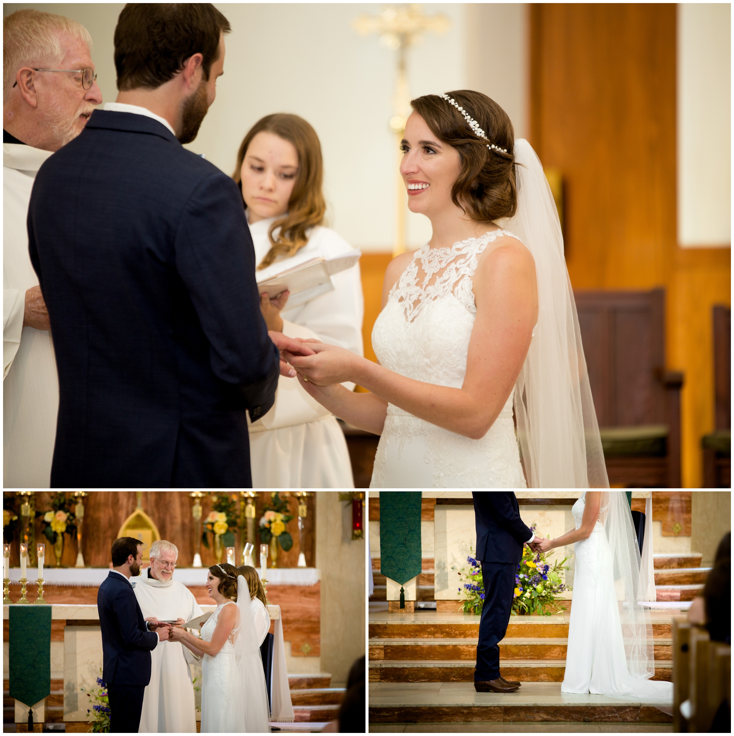 bride saying vows during St. Joseph's Catholic church ceremony by Fort Collins wedding photographer Plum Pretty Photography