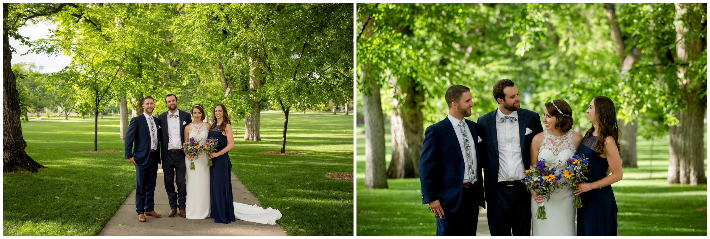 wedding party posing in the oval at Colorado State University for Fort Collins wedding portraits 