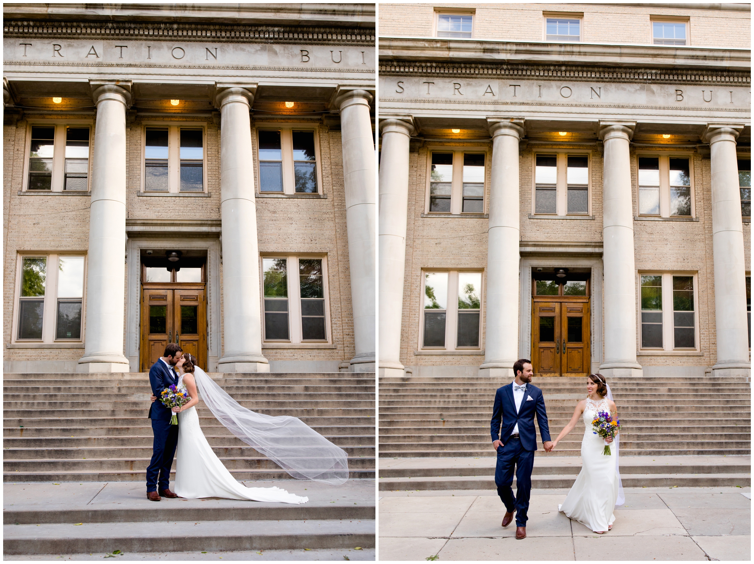 couple walking on Colorado State University during their Fort Collins wedding portraits 