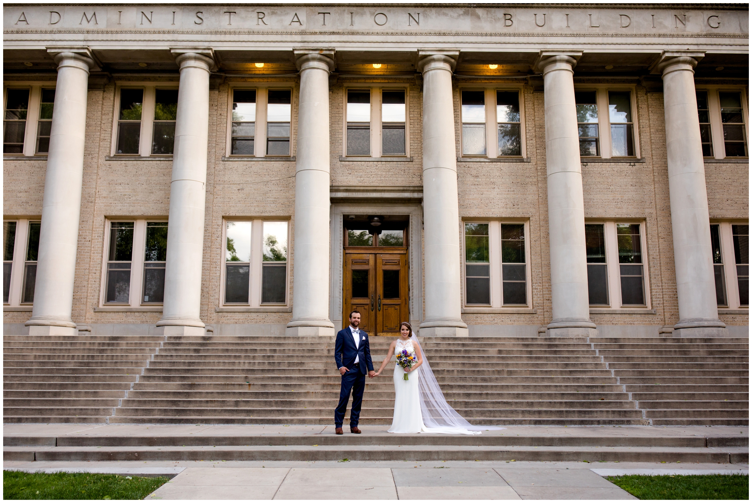 bride and groom holding hands at Colorado State University wedding 