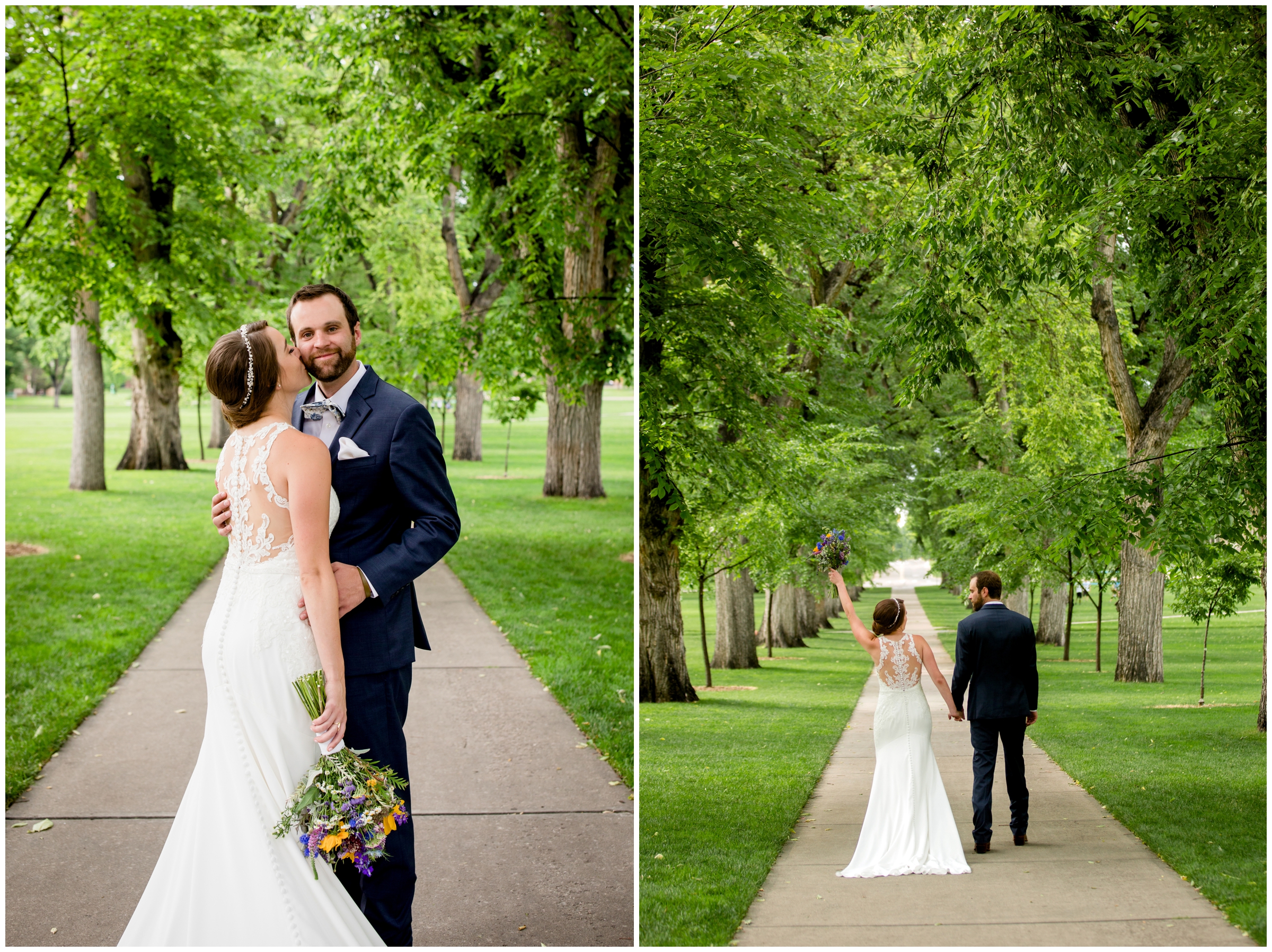 couple walking at the oval on CSU campus during Colorado wedding photos
