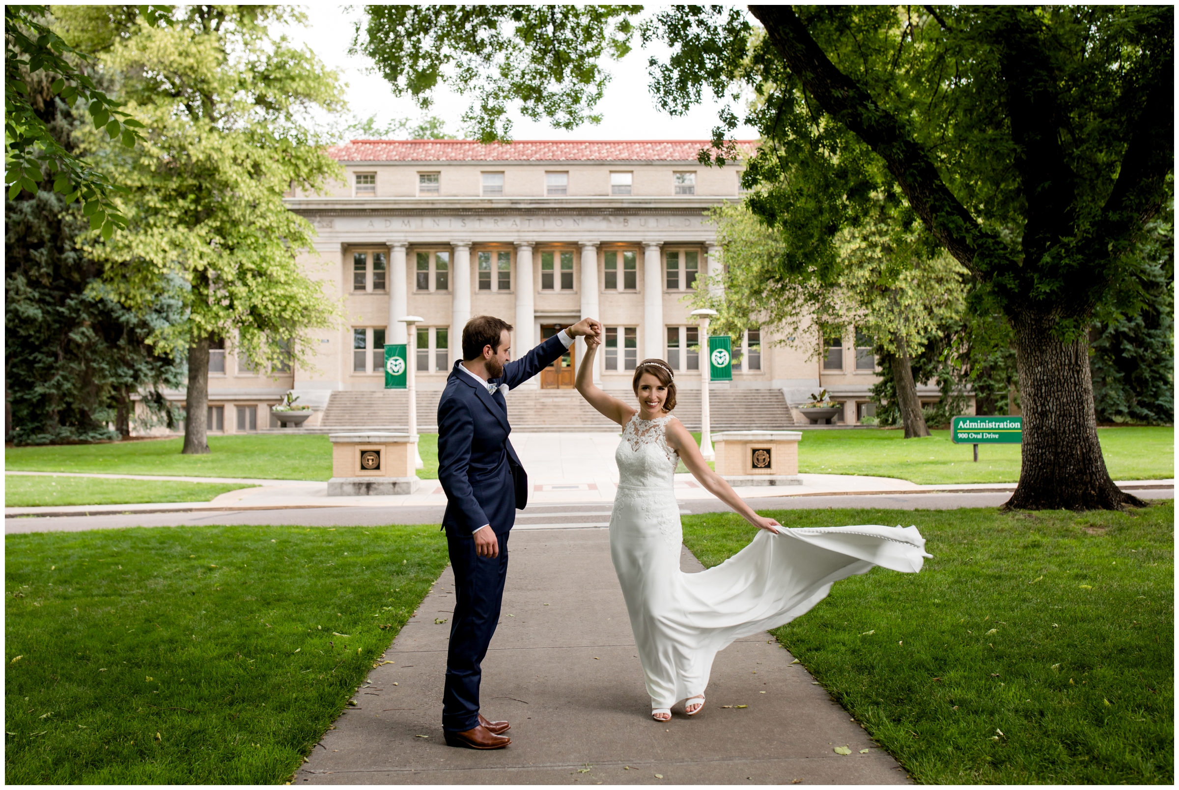 bride spinning in her dress on the Oval at Colorado State University during Fort Collins wedding photos
