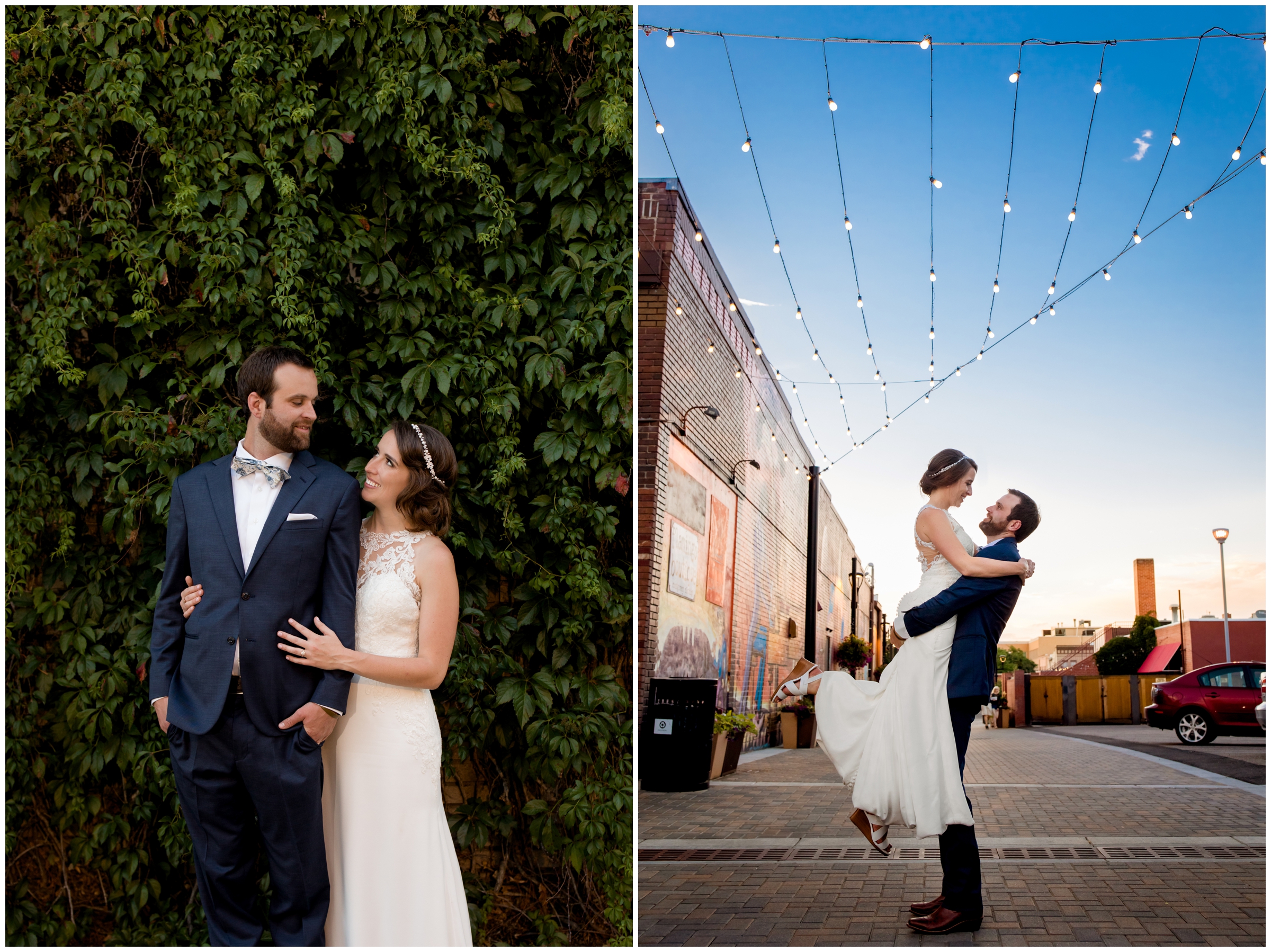 groom lifting bride with city in background during Fort Collins Colorado wedding photos 