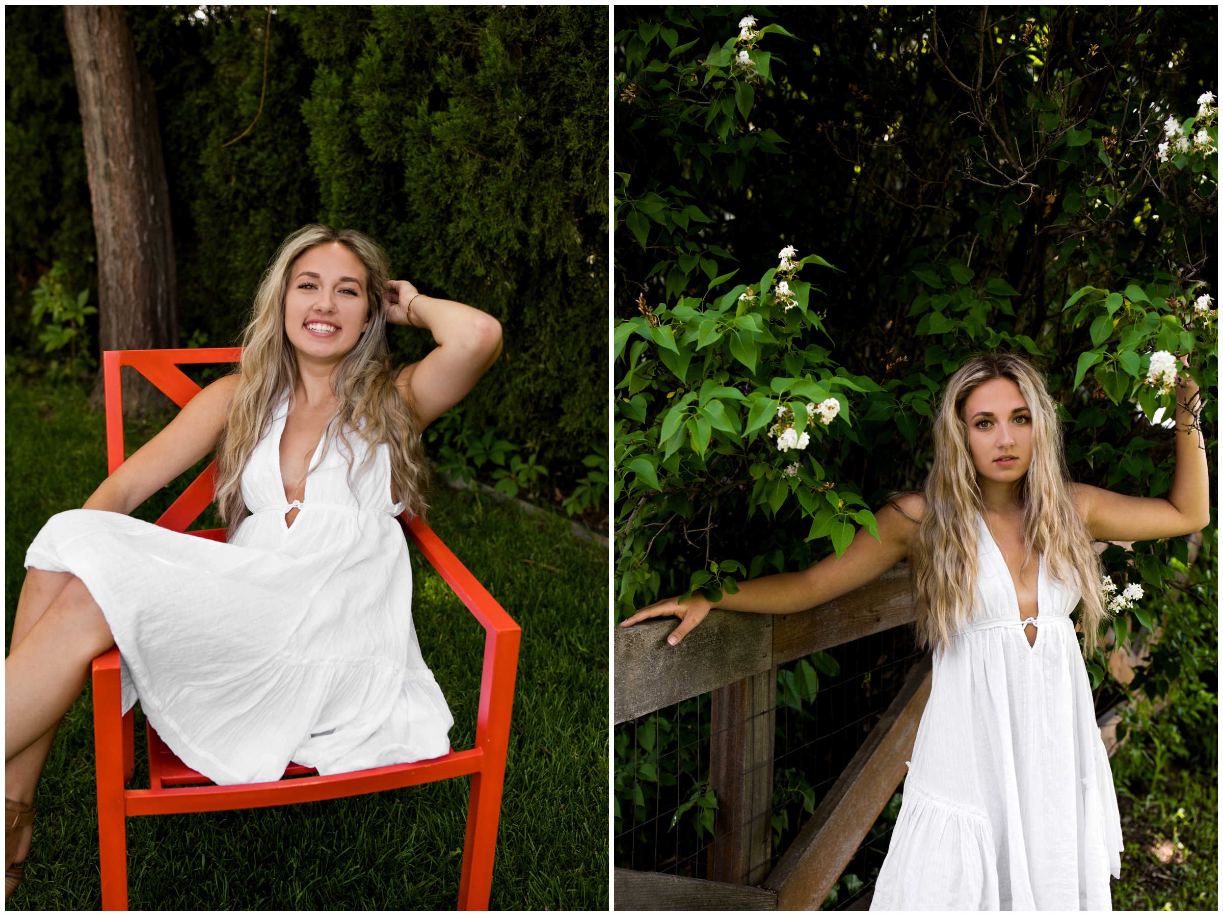 teen in white dress posing on red chair during Colorado senior photography session 