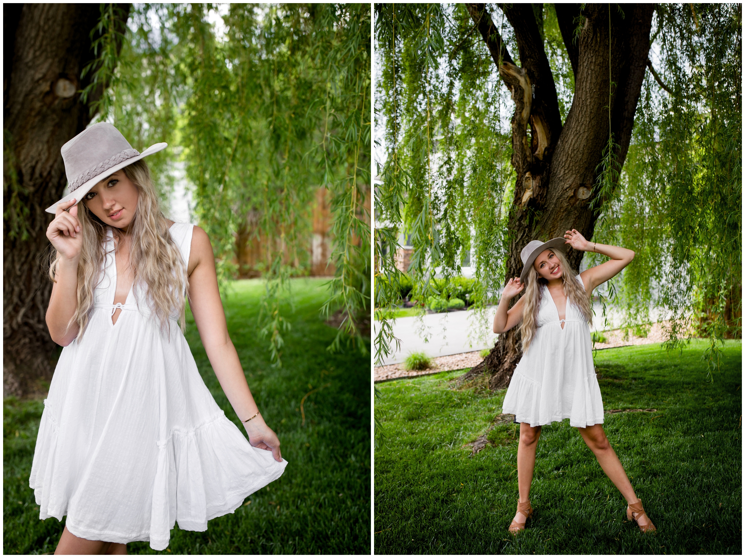teen in white dress and gray hat posing for Broomfield Colorado senior pictures 