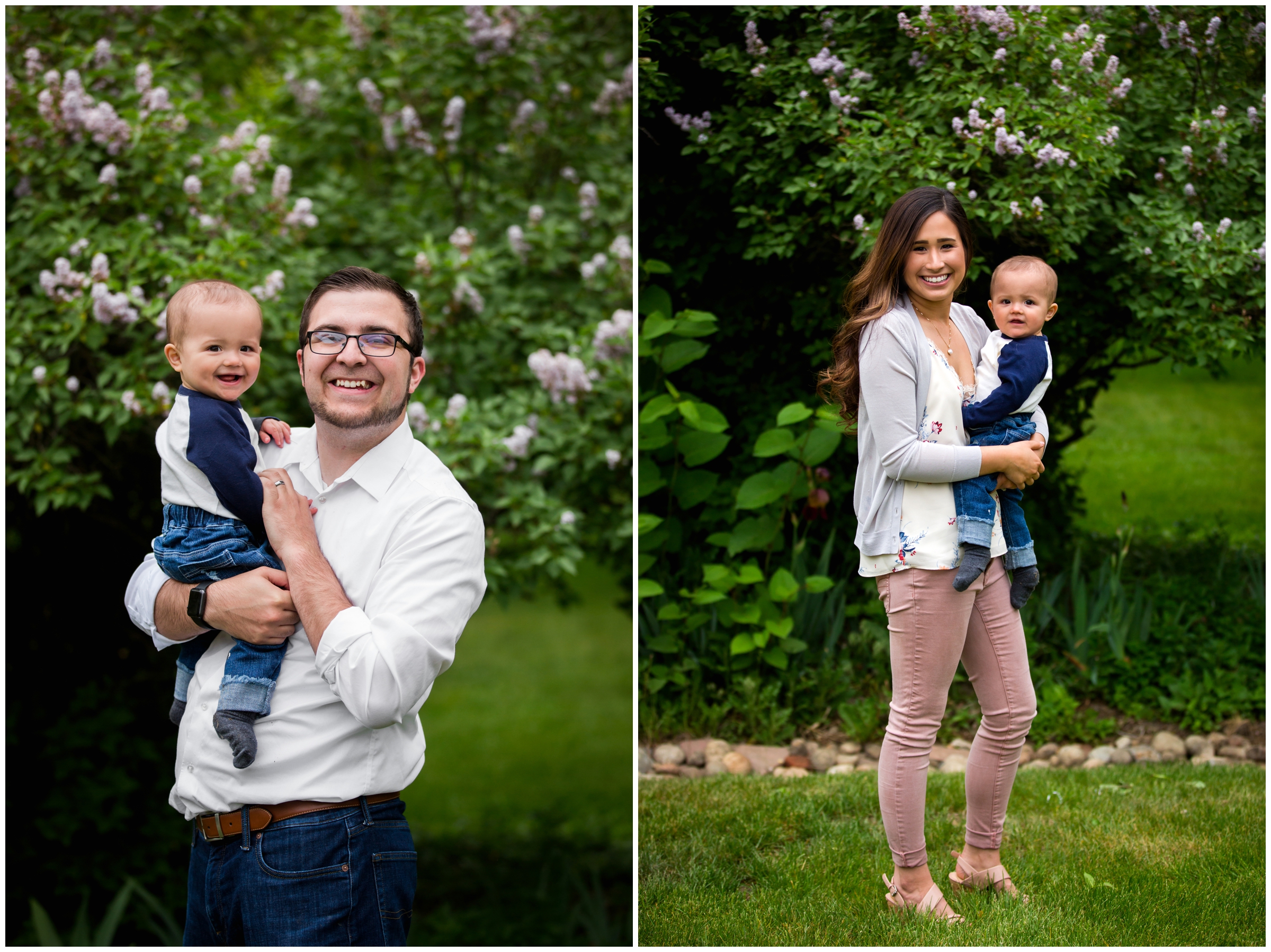 family posing in front of lilac bush during Longmont Colorado spring photography session