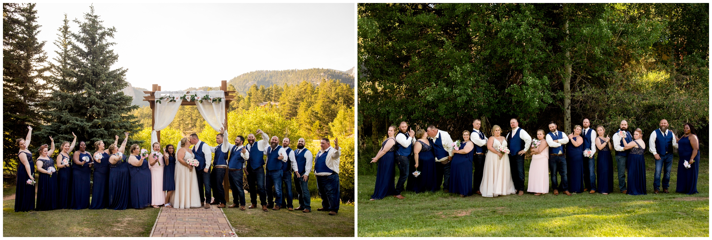 wedding party in navy blue and light pink posing under arbor at Pine Colorado wedding 