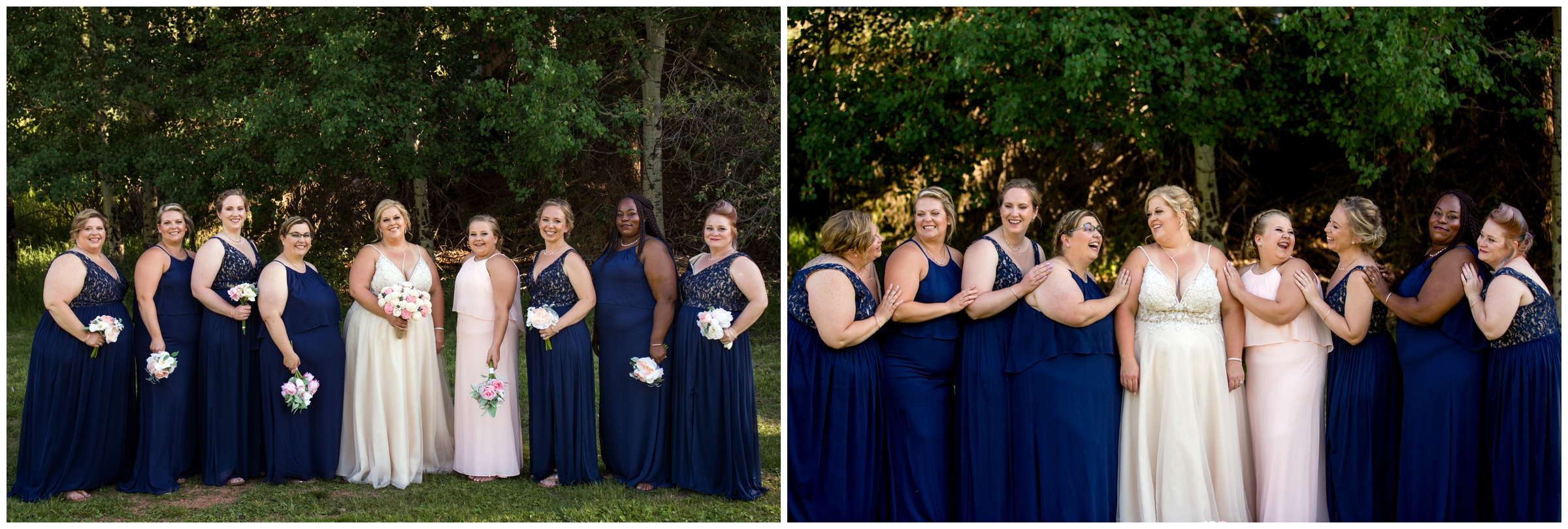 bridesmaids in navy blue and light pink at Colorado summer wedding