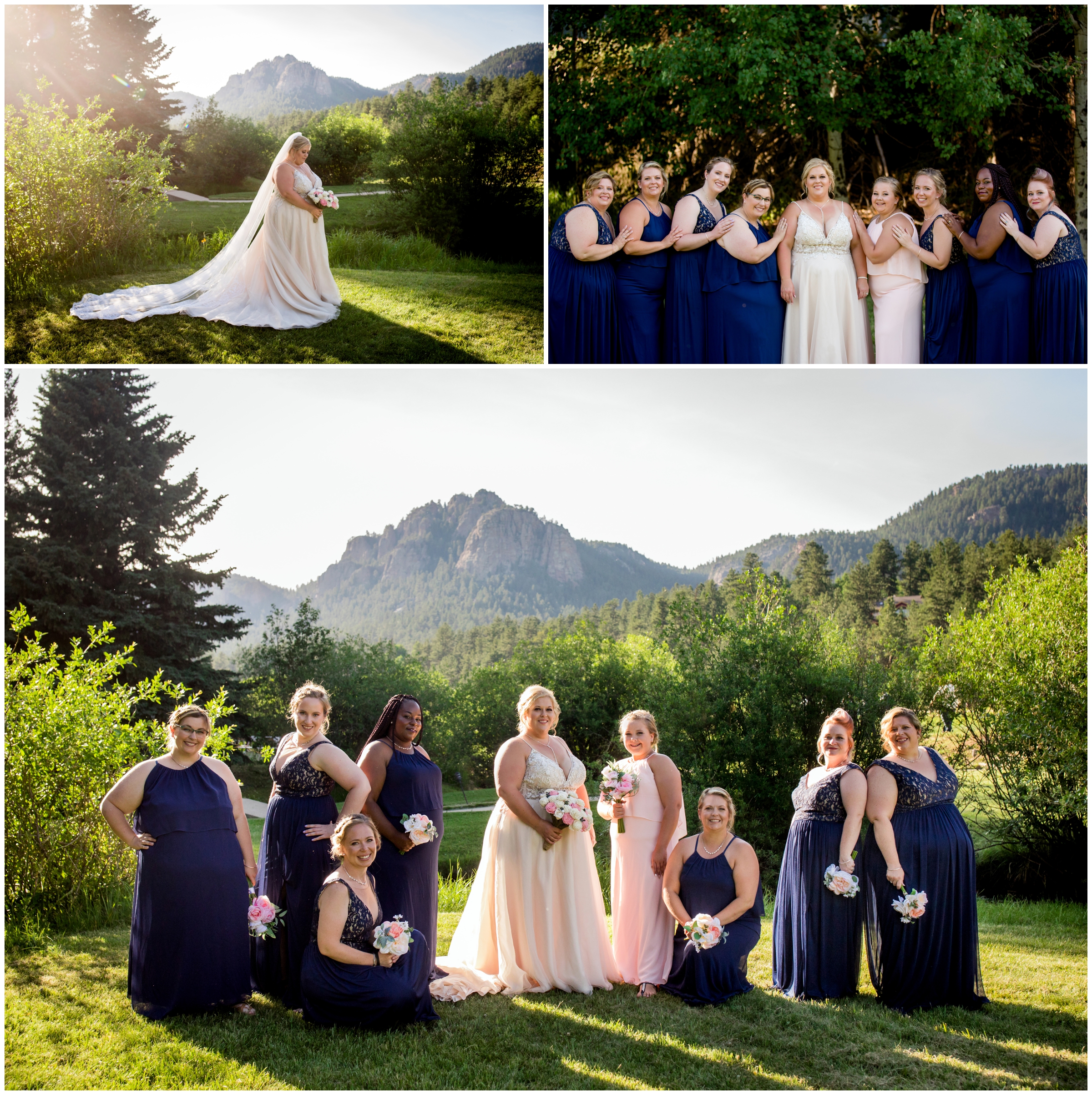 bridesmaids in navy blue and light pink posing with mountains in background at Colorado summer wedding 
