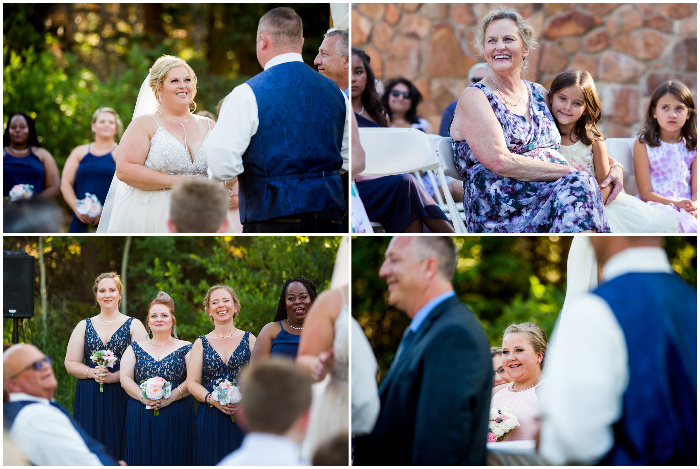 guests laughing during outdoor wedding ceremony in Pine Colorado 