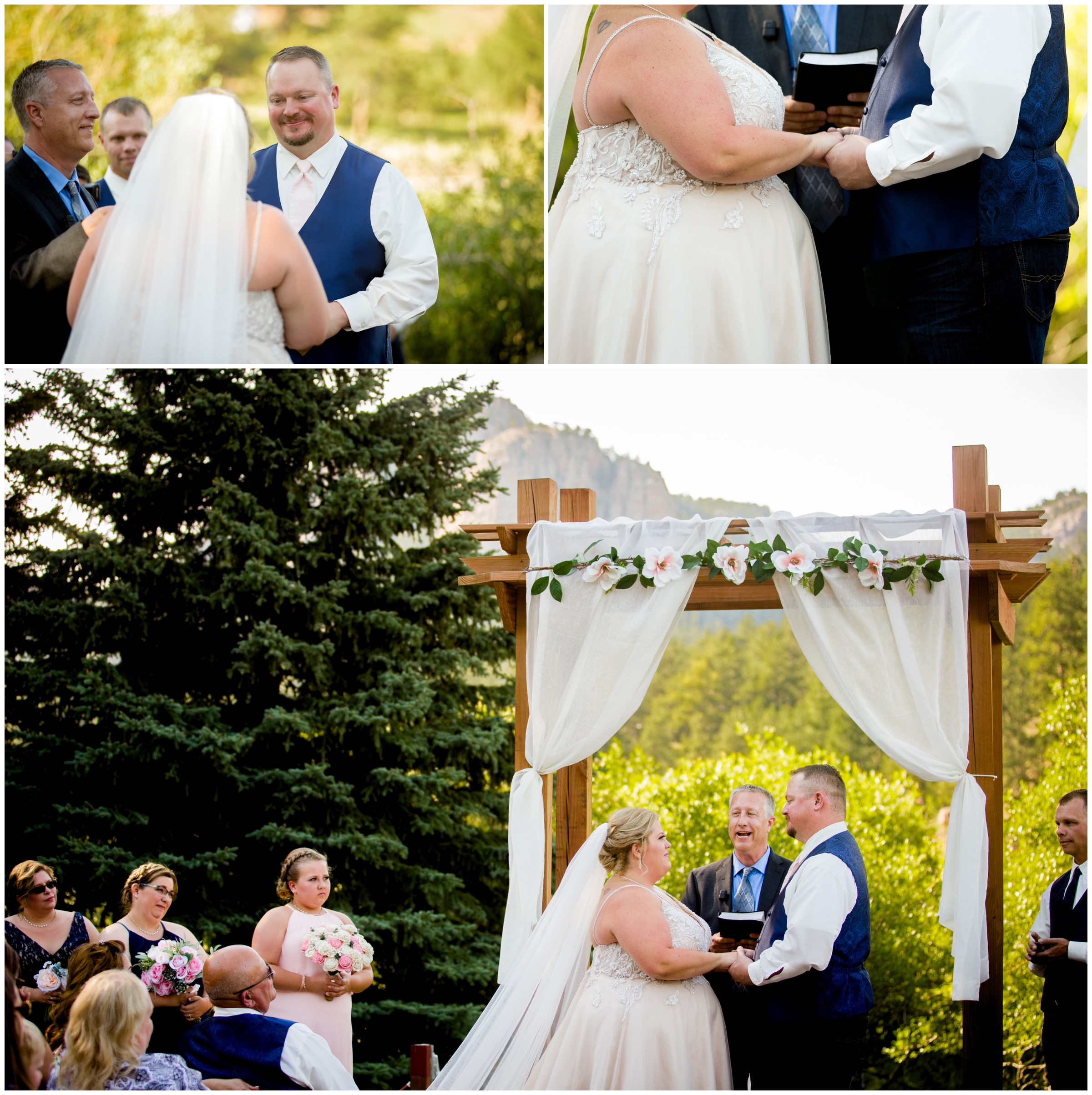 couple saying vows during Pine Colorado summer wedding ceremony 