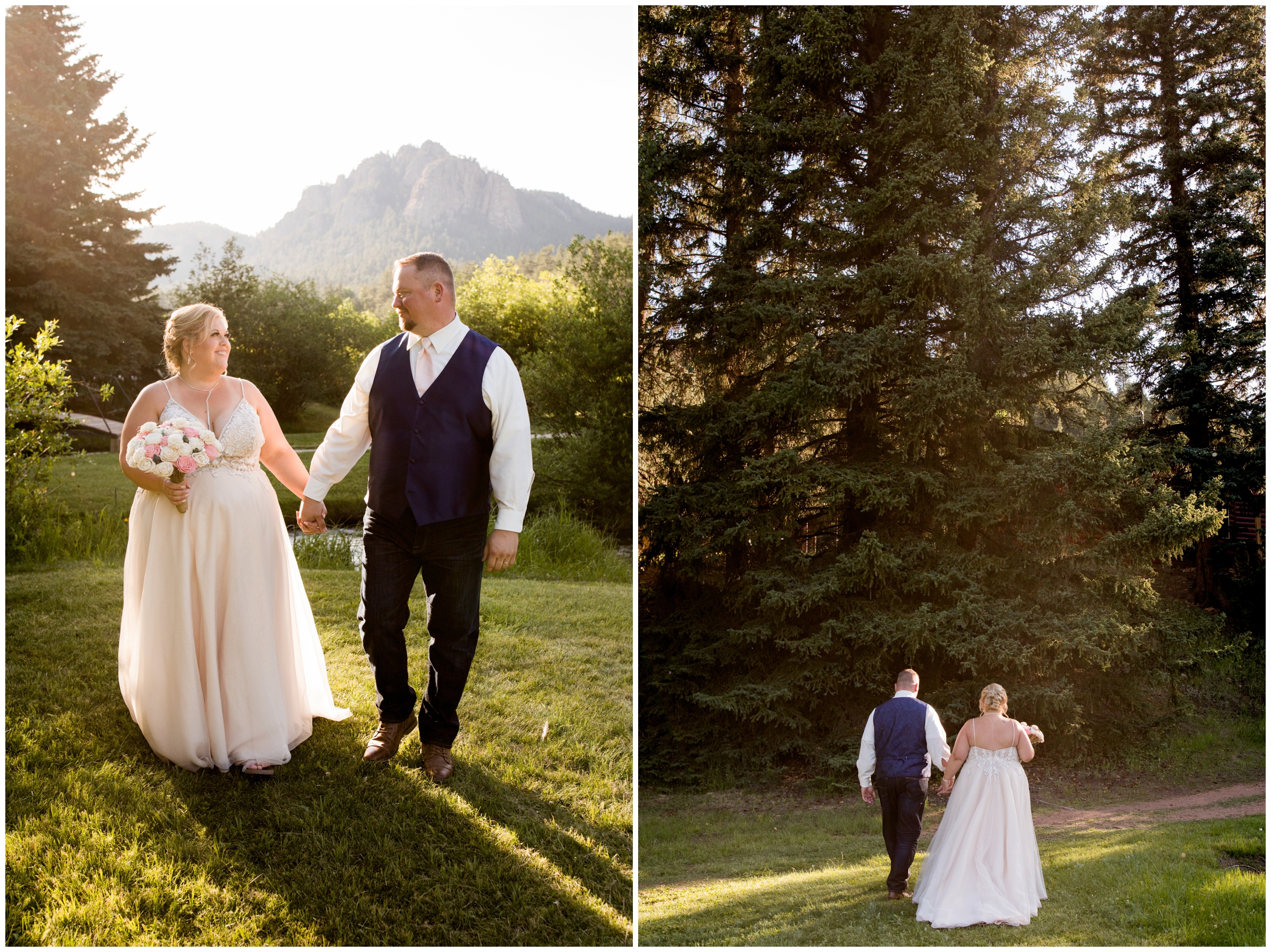 couple walking and holding hands during Colorado forest wedding 