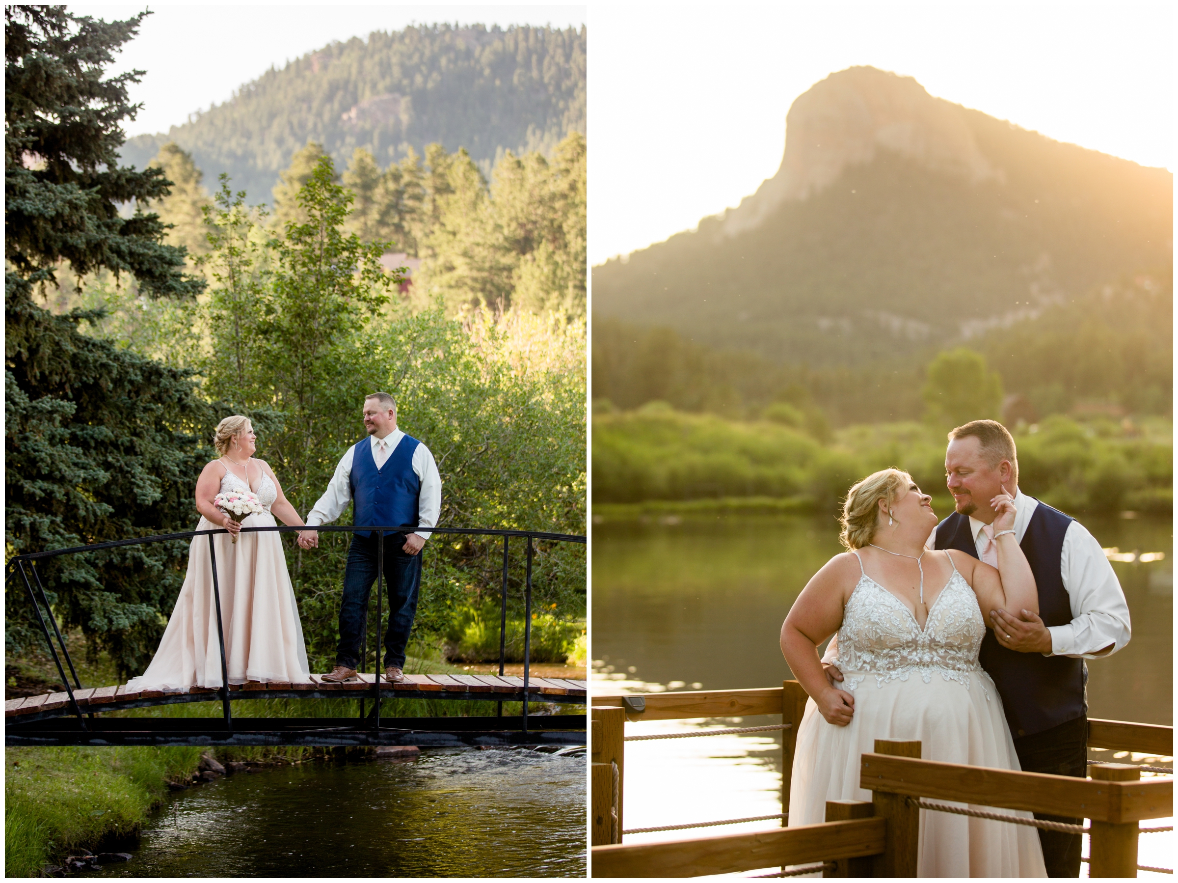 couple posing on bridge at Wedgewood Colorado wedding