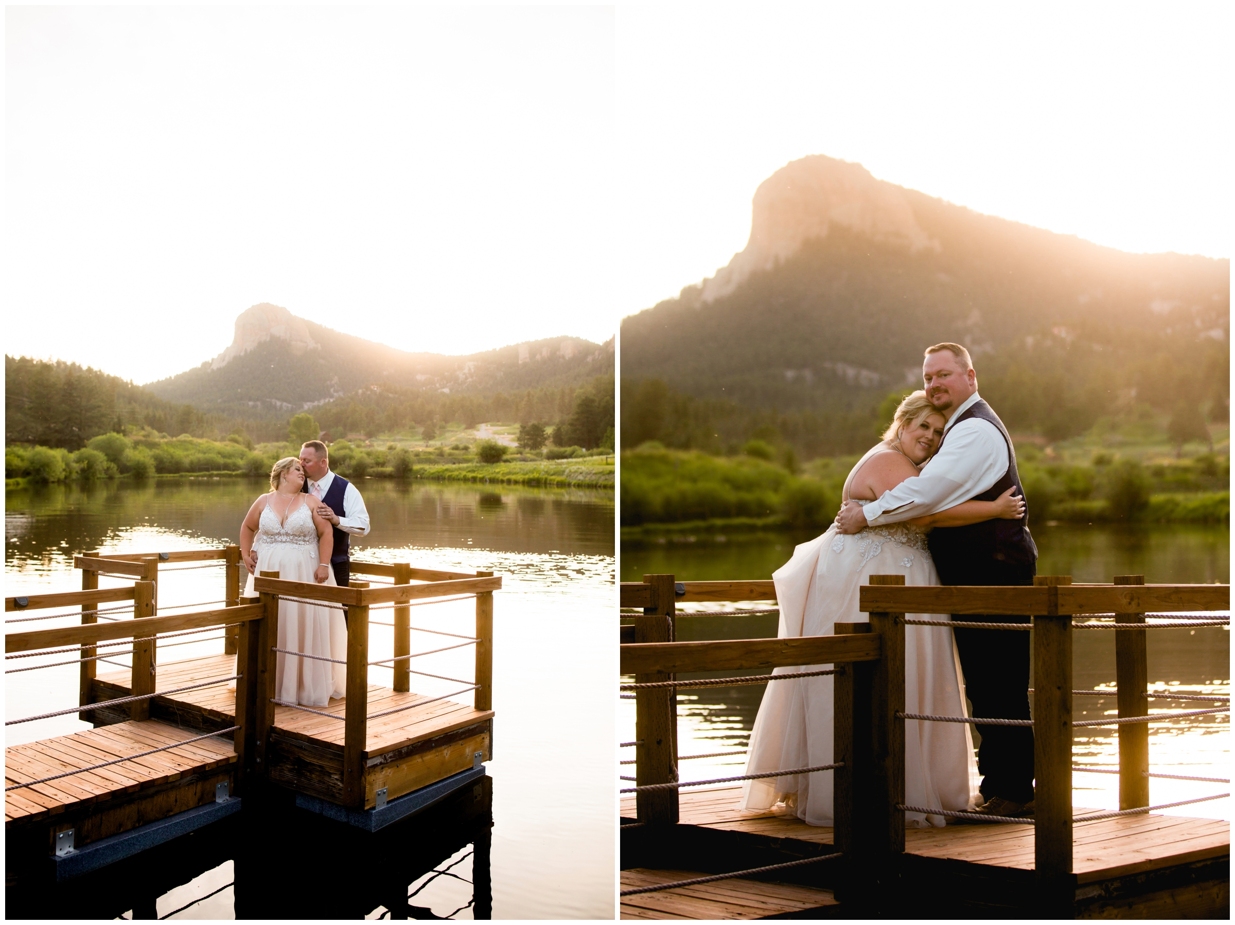 couple hugging on dock at Mountain View Ranch during Pine Colorado summer wedding 
