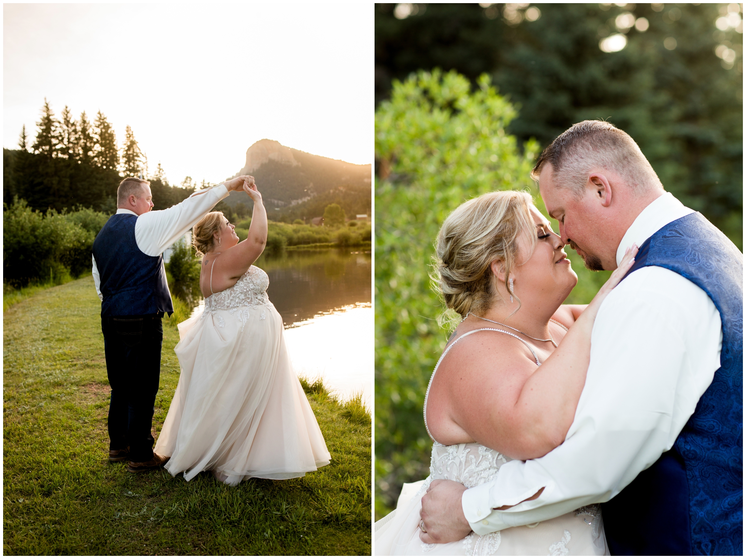 couple dancing next to lake during Pine Colorado wedding pictures 