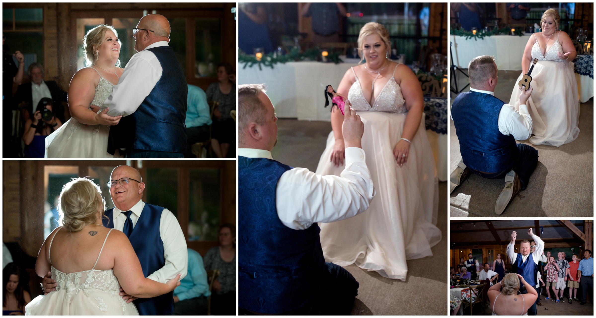 funny garter toss at Colorado ranch wedding reception 