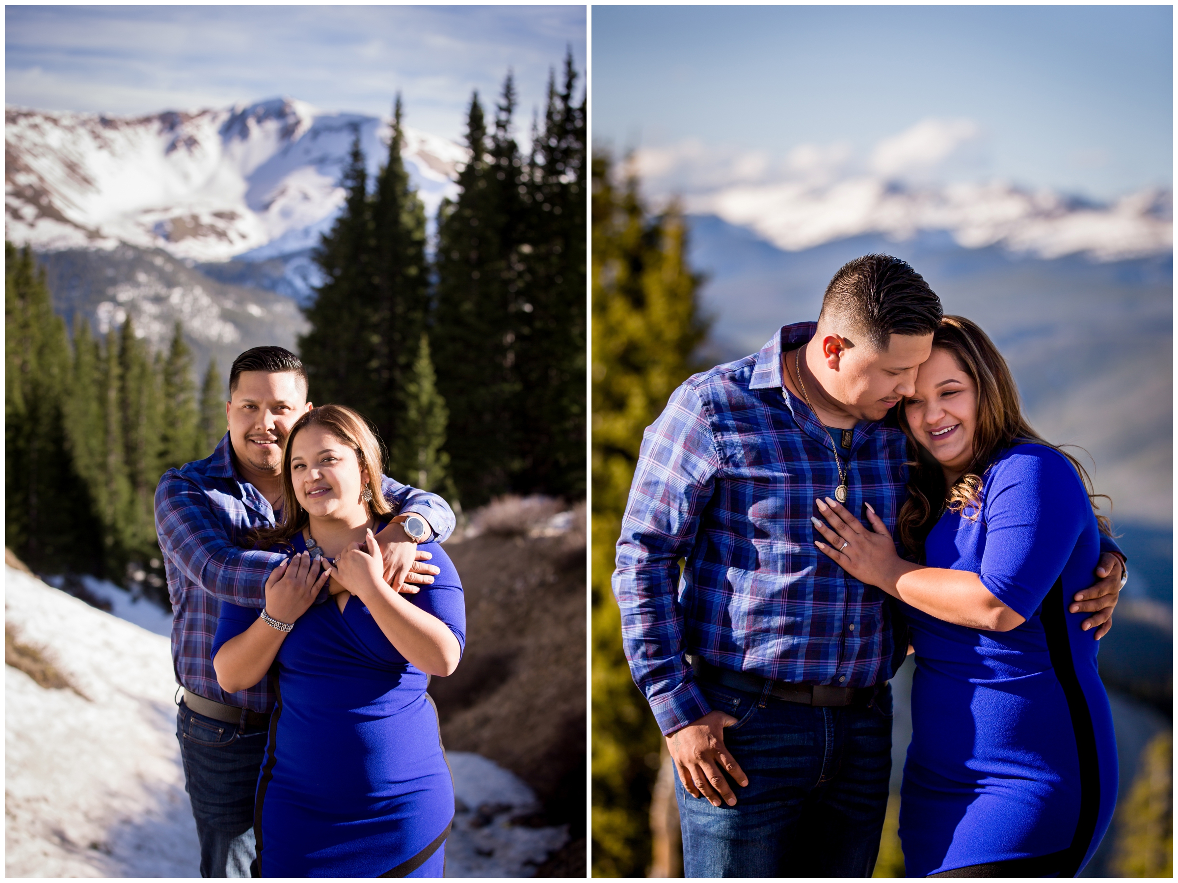 couple posing on Berthoud Pass with mountains in background during Colorado spring engagement photos 