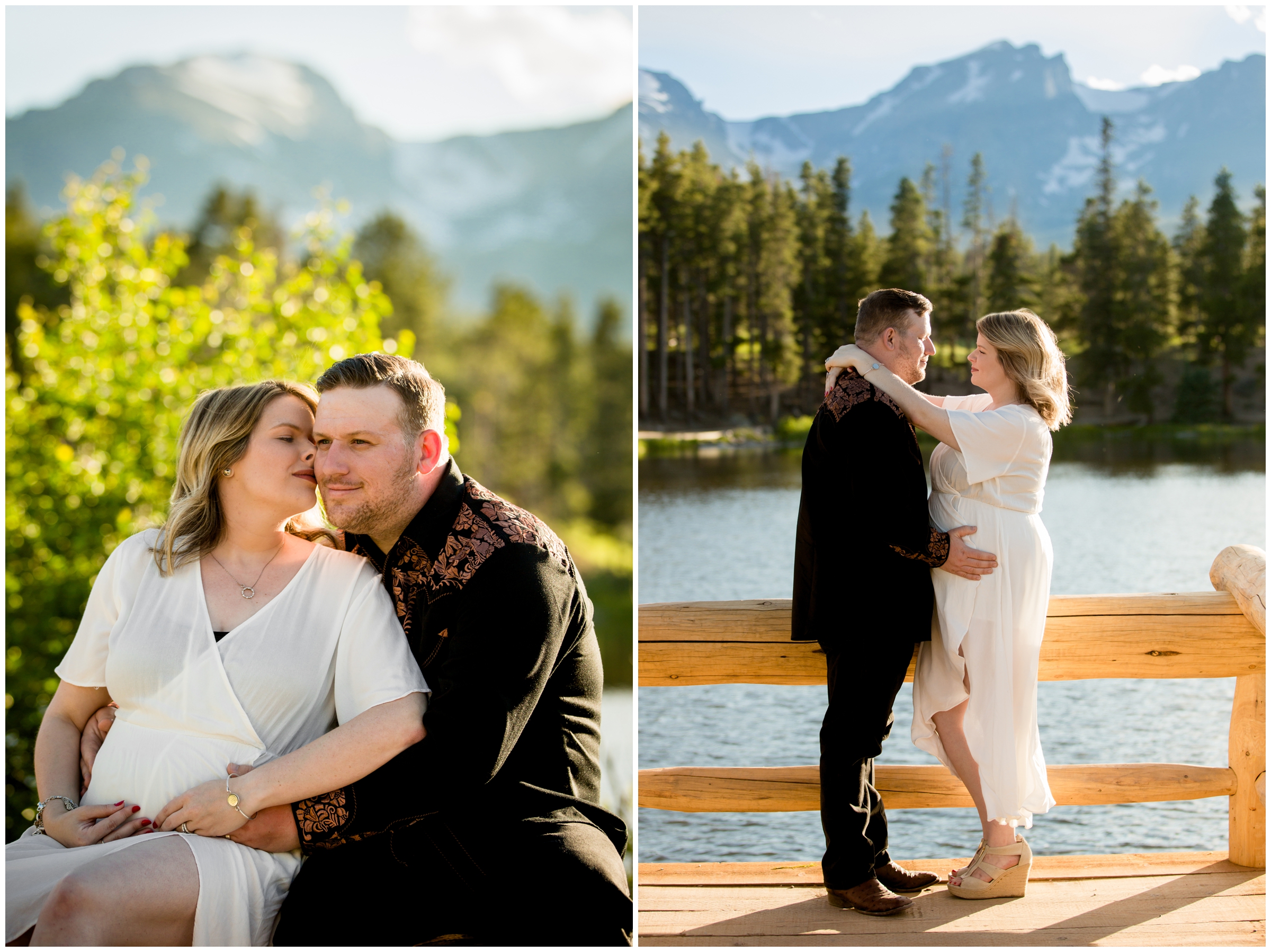 couple hugging on dock during Sprague Lake Estes Park maternity pictures 