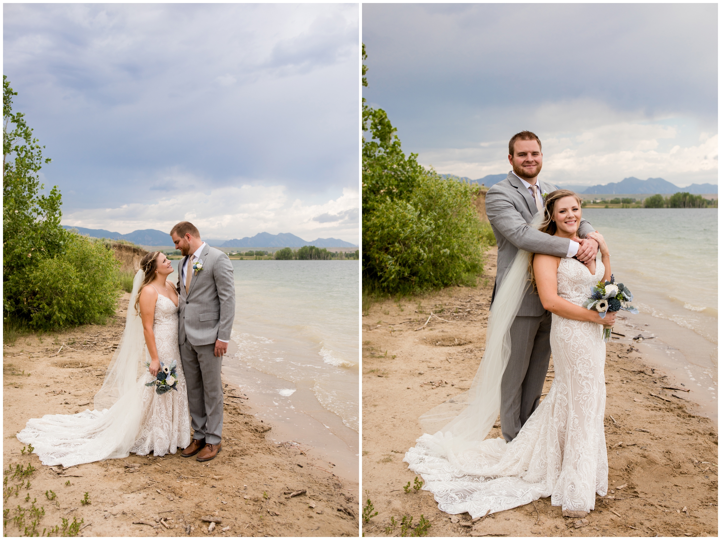 bride and groom posing with mountains in background during Colorado lake wedding 