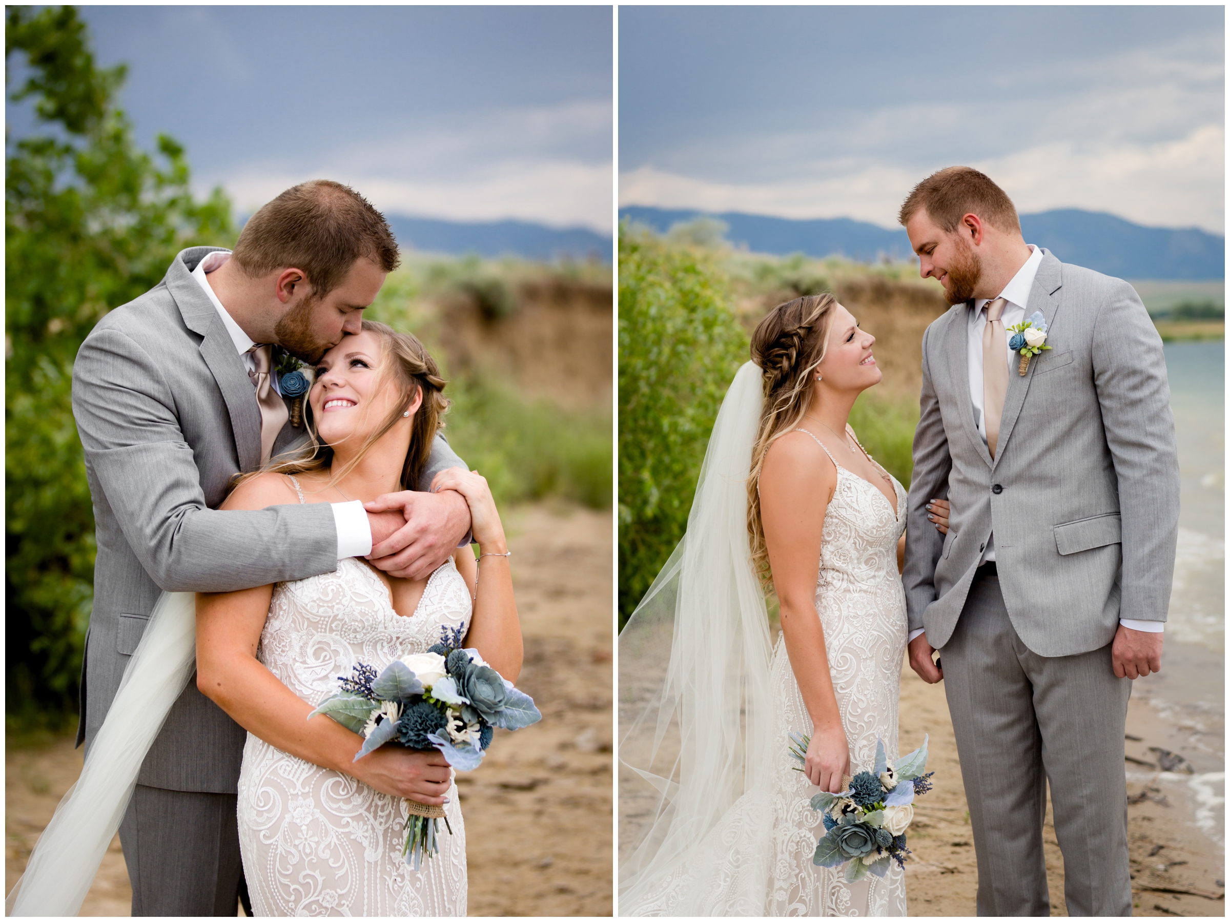couple cuddling with mountains and lake in background during Westminster Colorado wedding portraits 