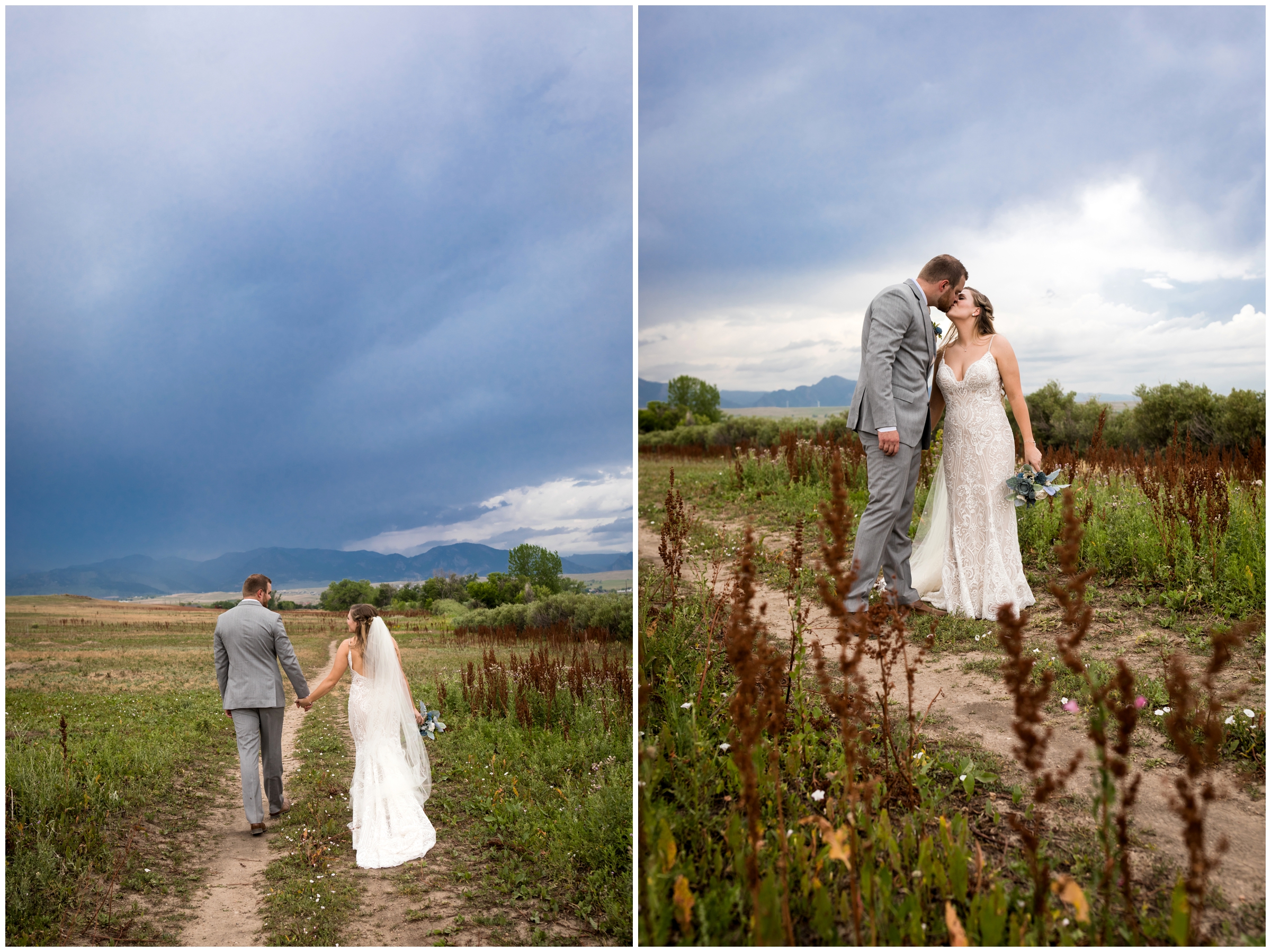 couple walking with dramatic skies during Colorado summer wedding portraits 