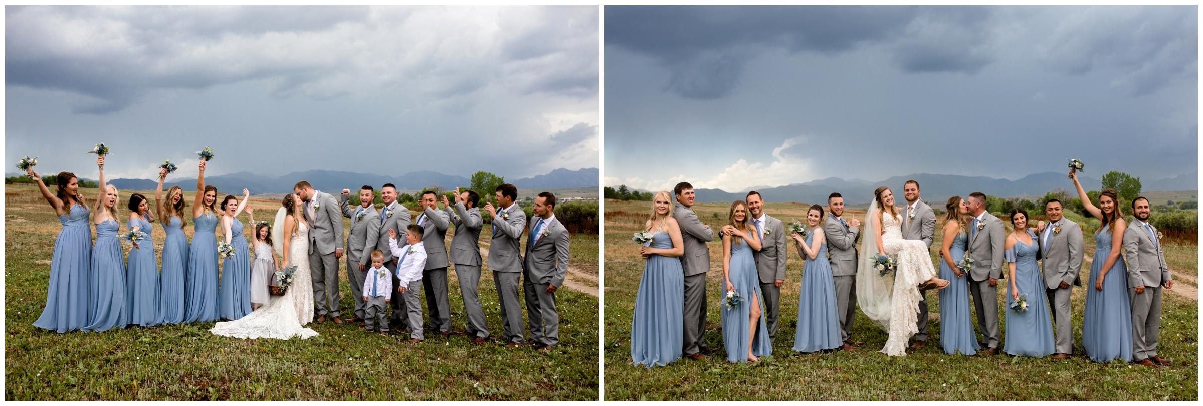 wedding party in gray and light blue posing in front of mountains at Colorado summer wedding 