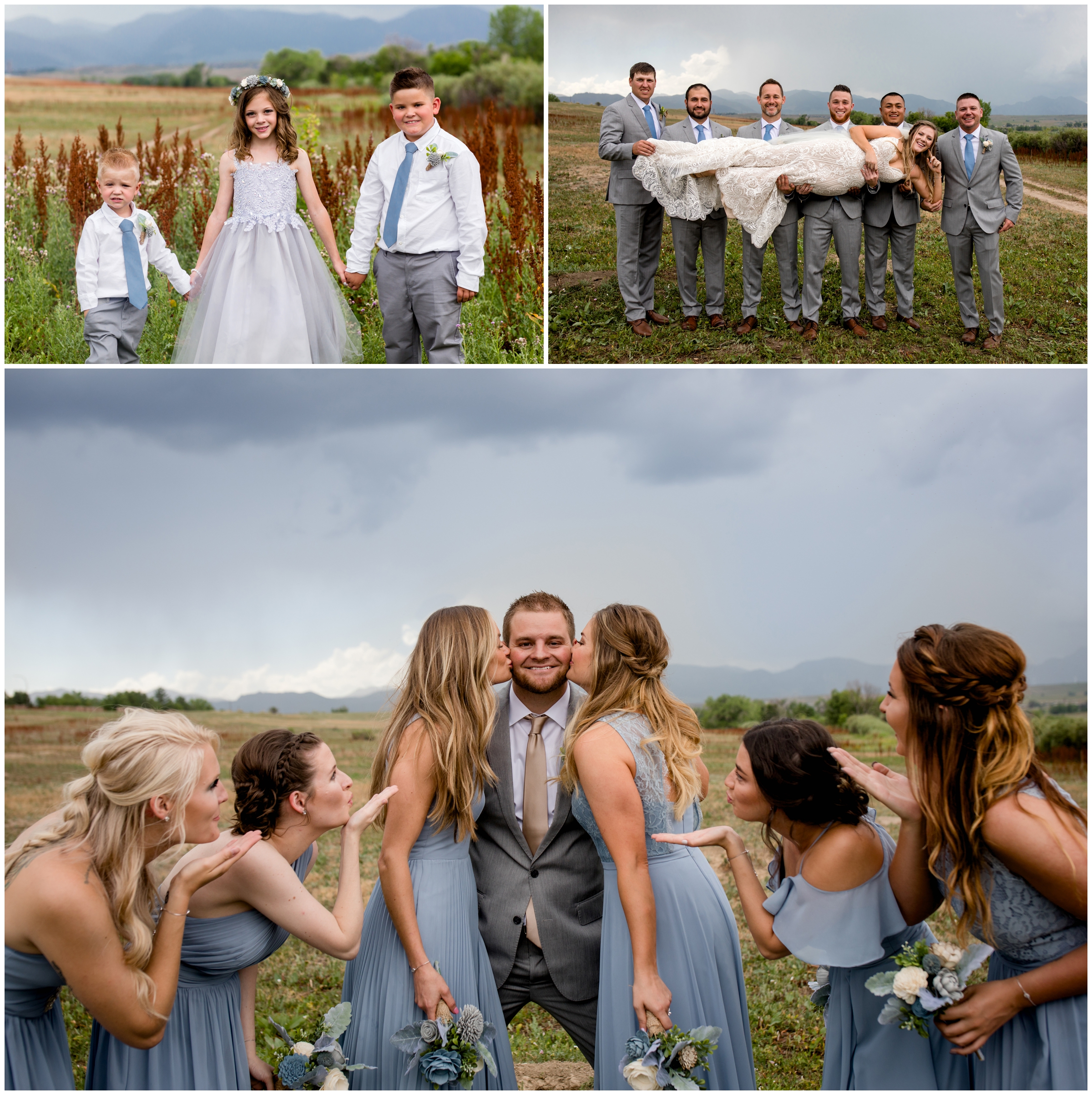 bridesmaids blowing kisses to groom at Colorado summer wedding 