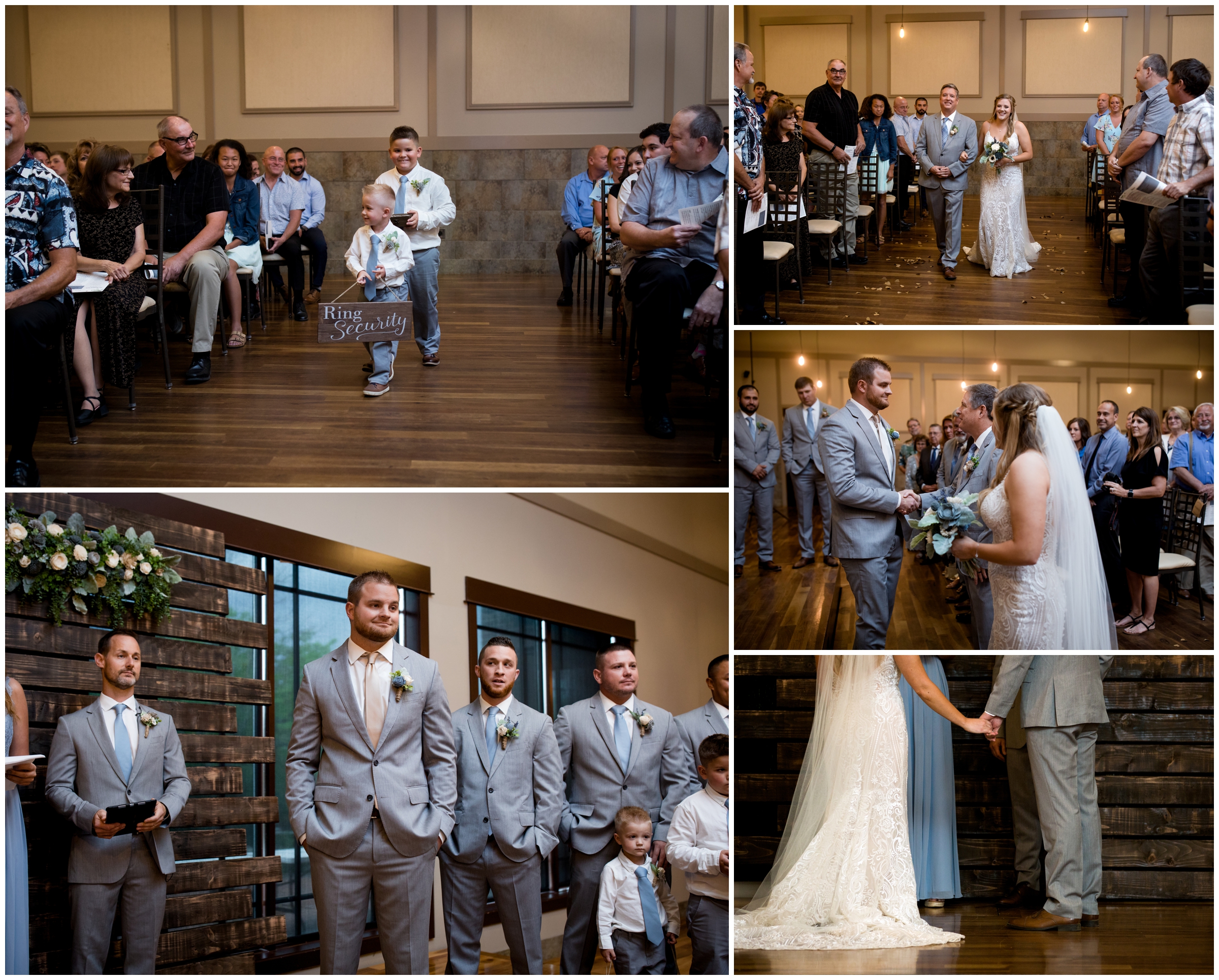 groom seeing bride walk down aisle at Colorado indoor wedding ceremony 