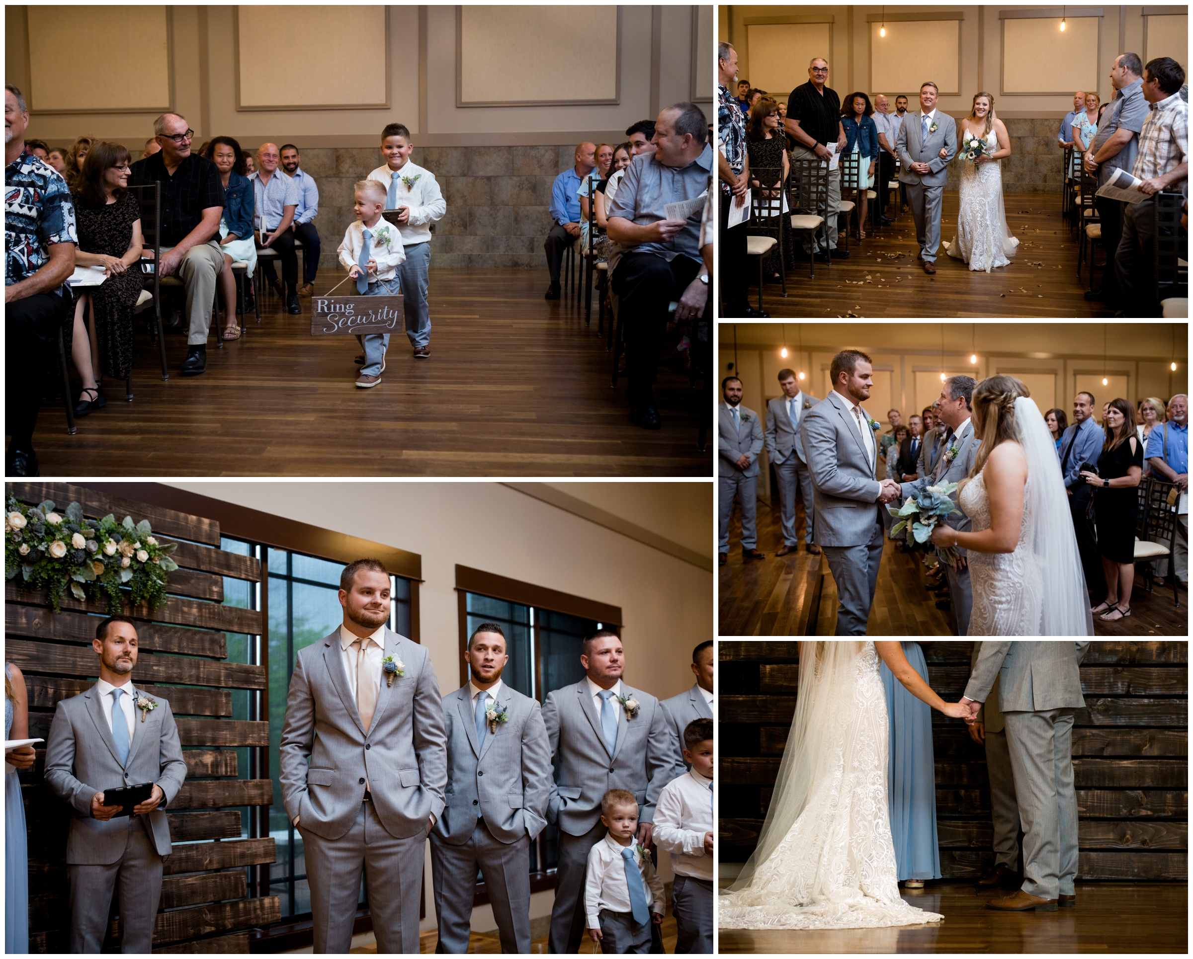 groom seeing bride walk down aisle at Colorado indoor wedding ceremony