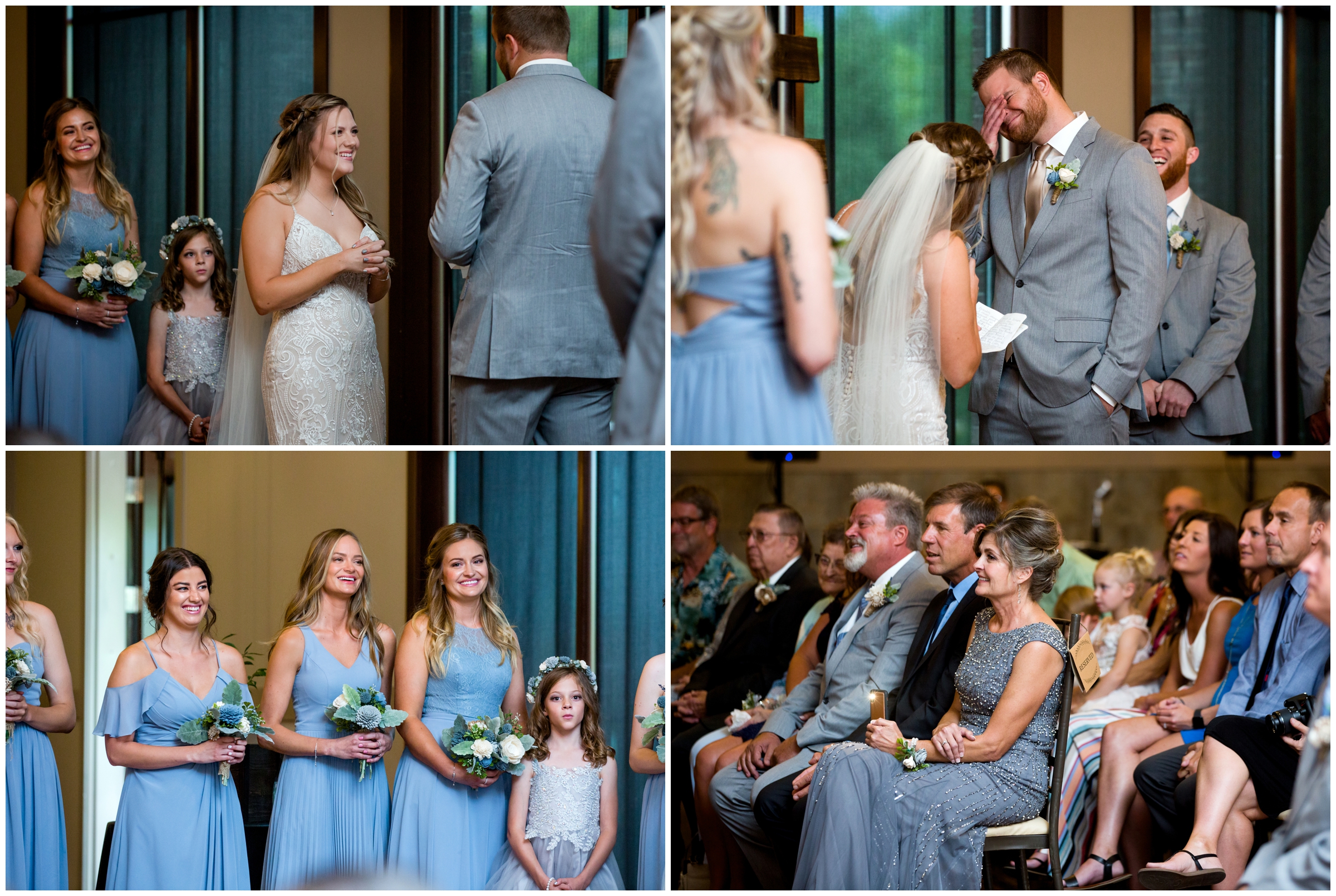bride and groom laughing during wedding vows at Noah's Event Center Colorado ceremony 