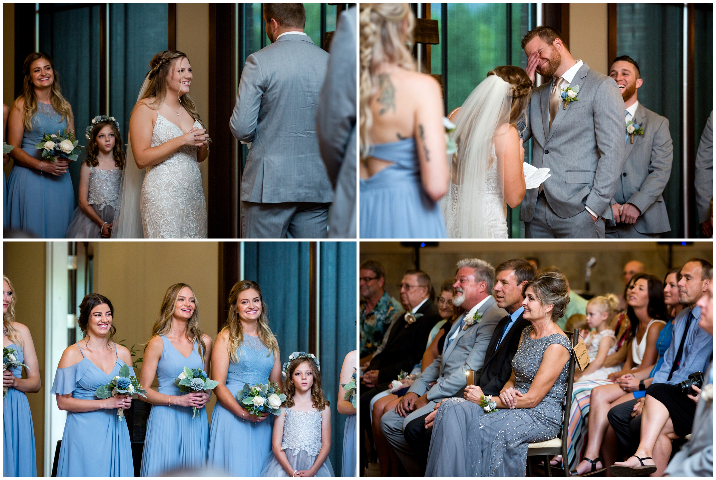 bride and groom laughing during wedding vows at Noah's Event Center Colorado ceremony