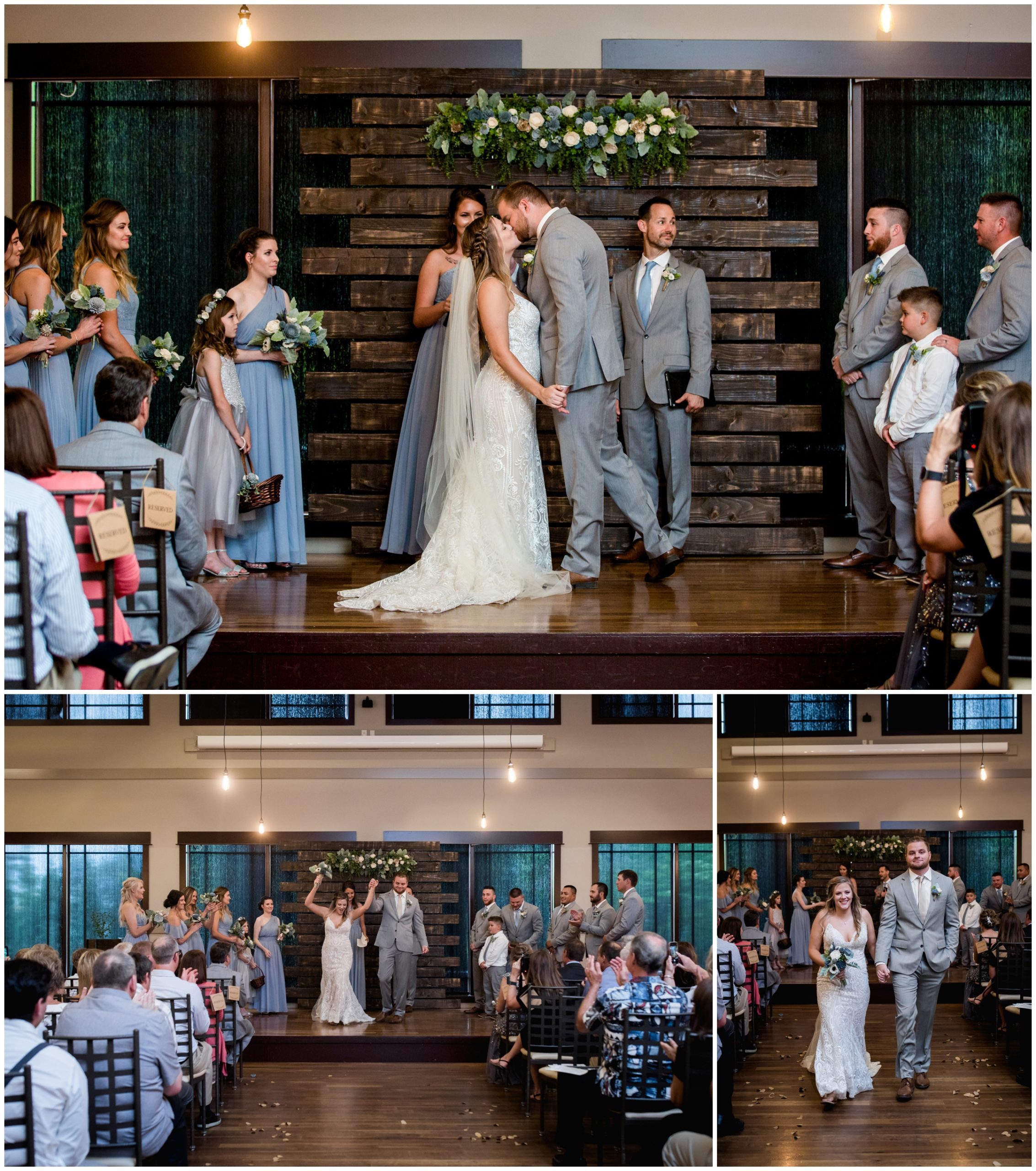 first kiss at Westminster Colorado indoor wedding ceremony 