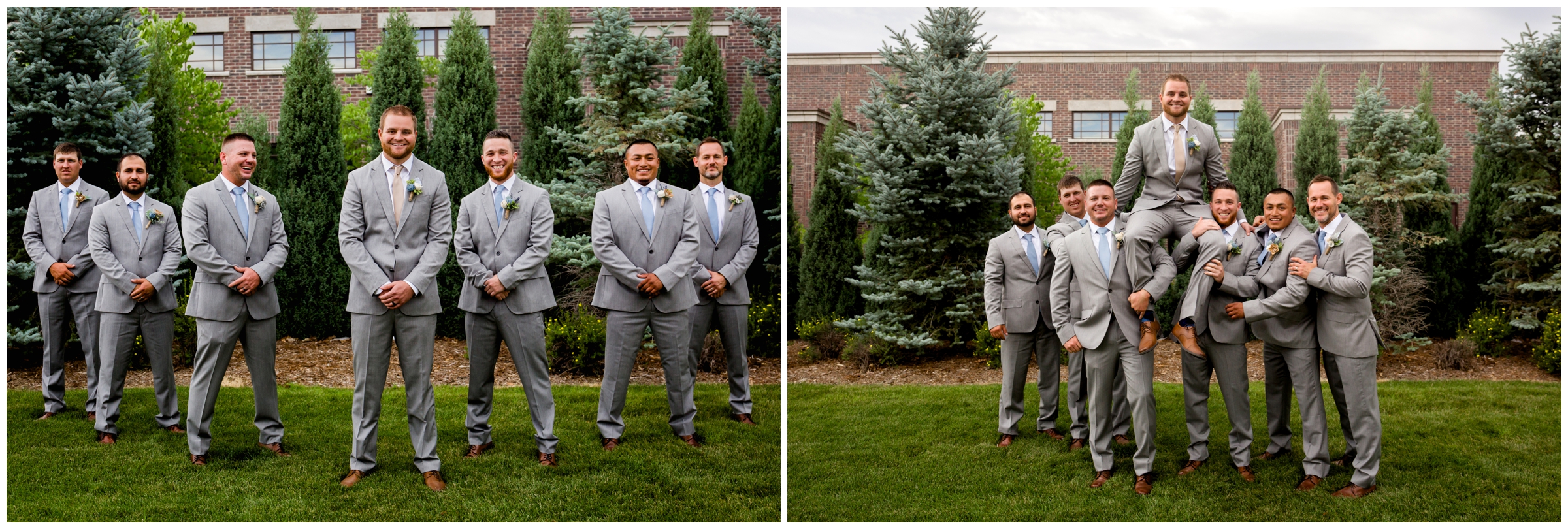 groomsmen lifting groom at outdoor Colorado wedding 