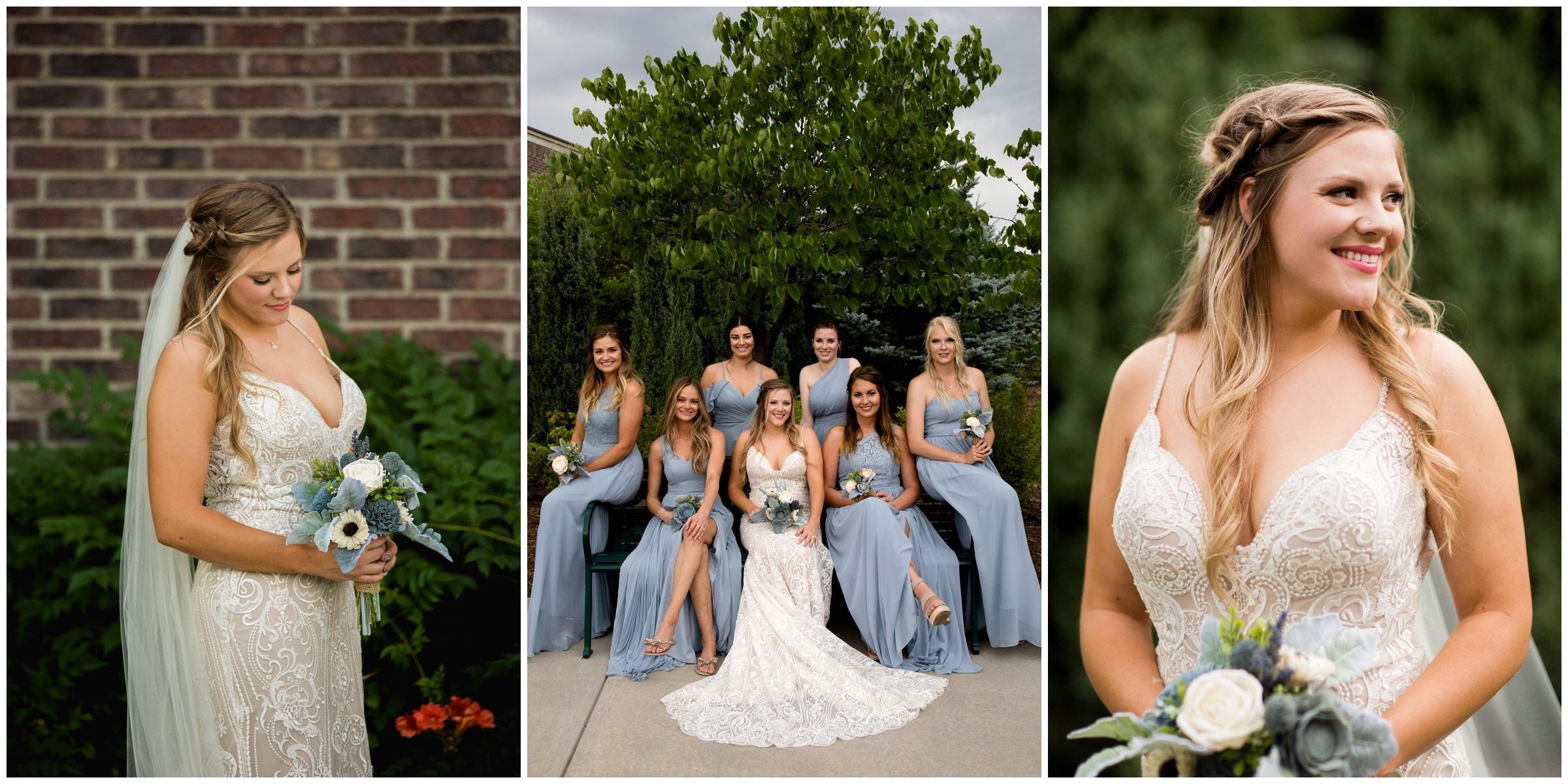 bridesmaids in light blue dresses posing on a bench at Westminster Colorado wedding 