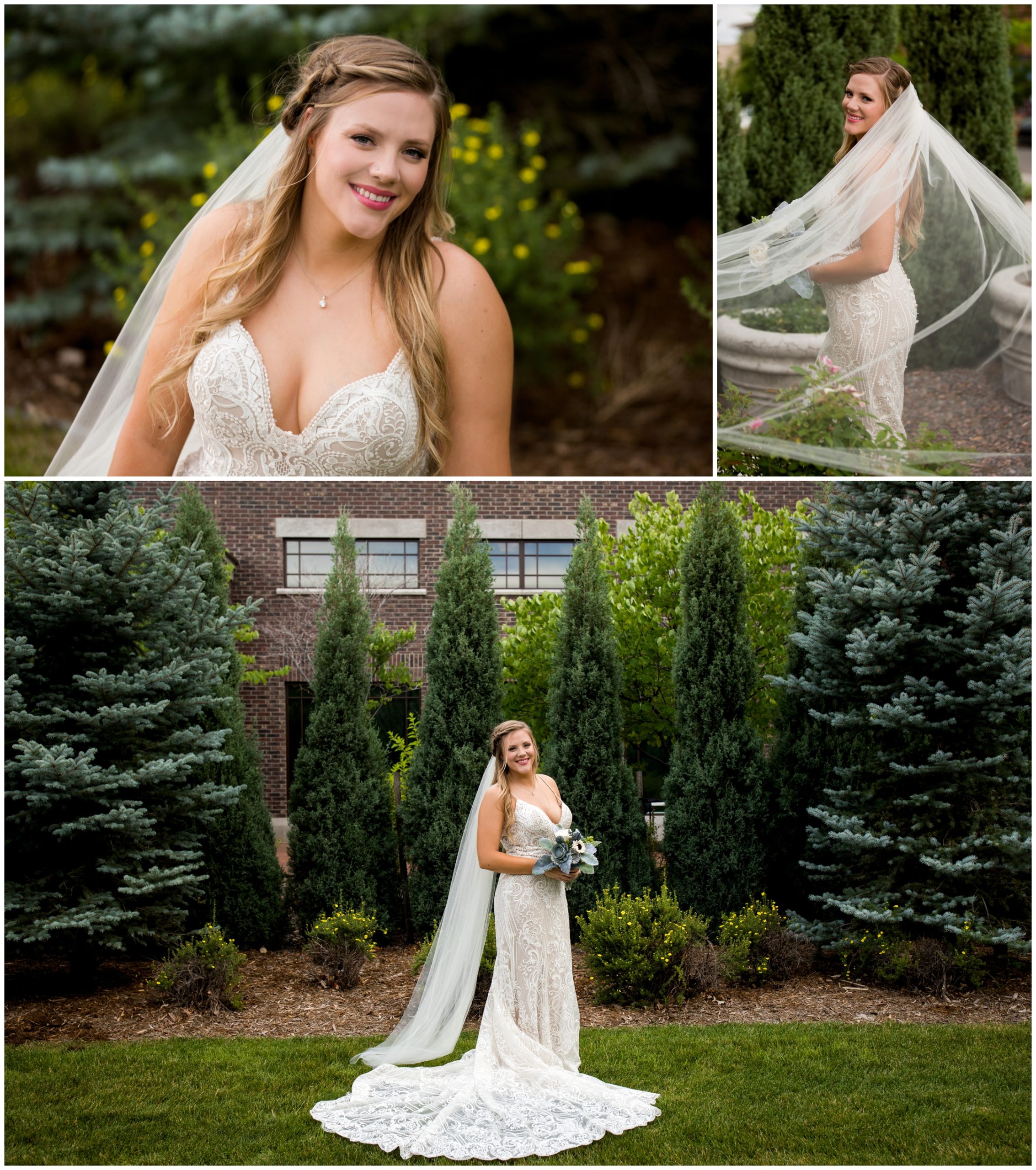 bride with long veil posing for Westminster Colorado wedding pictures 