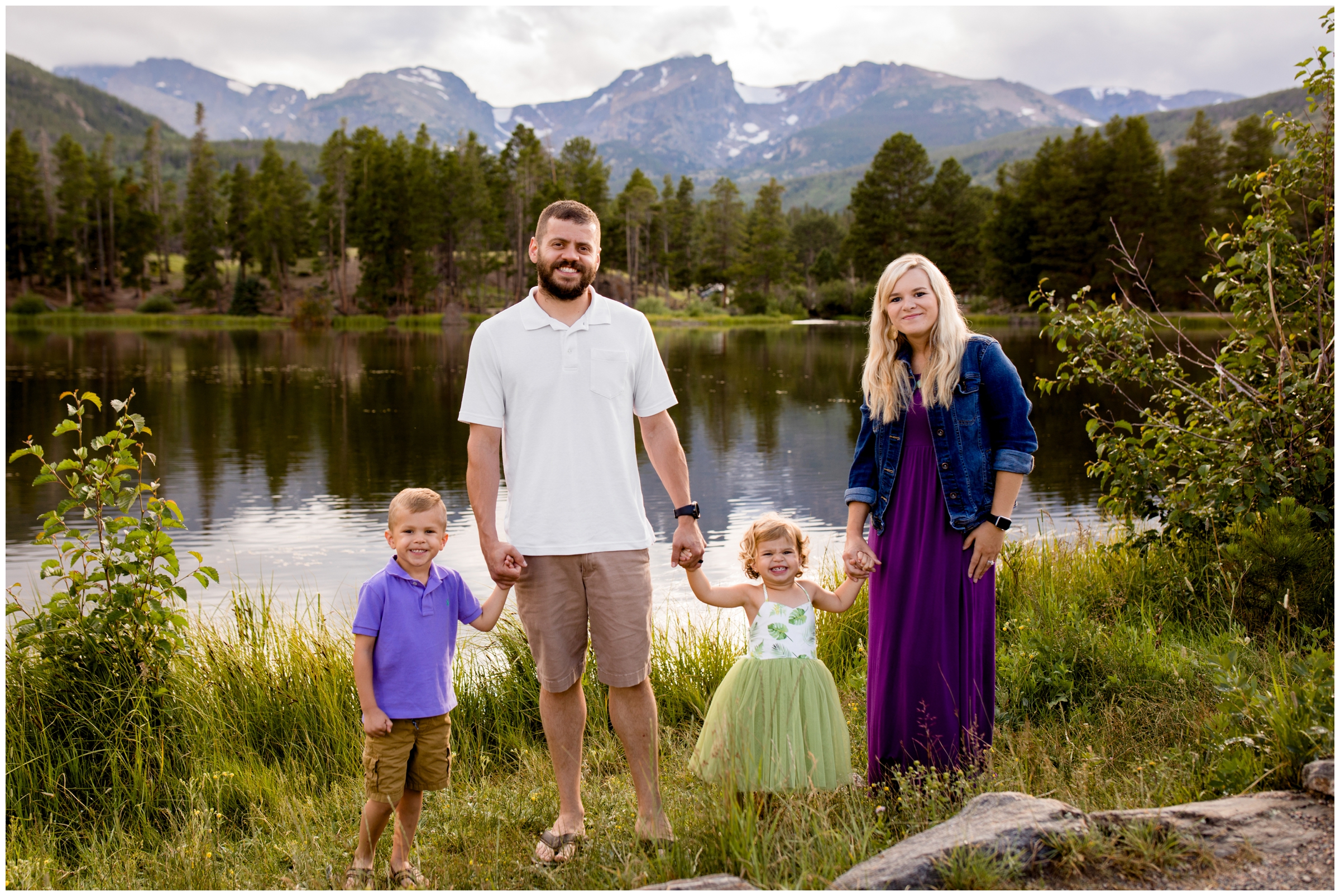 family posing in front of lake during Sprague Lake summer photos