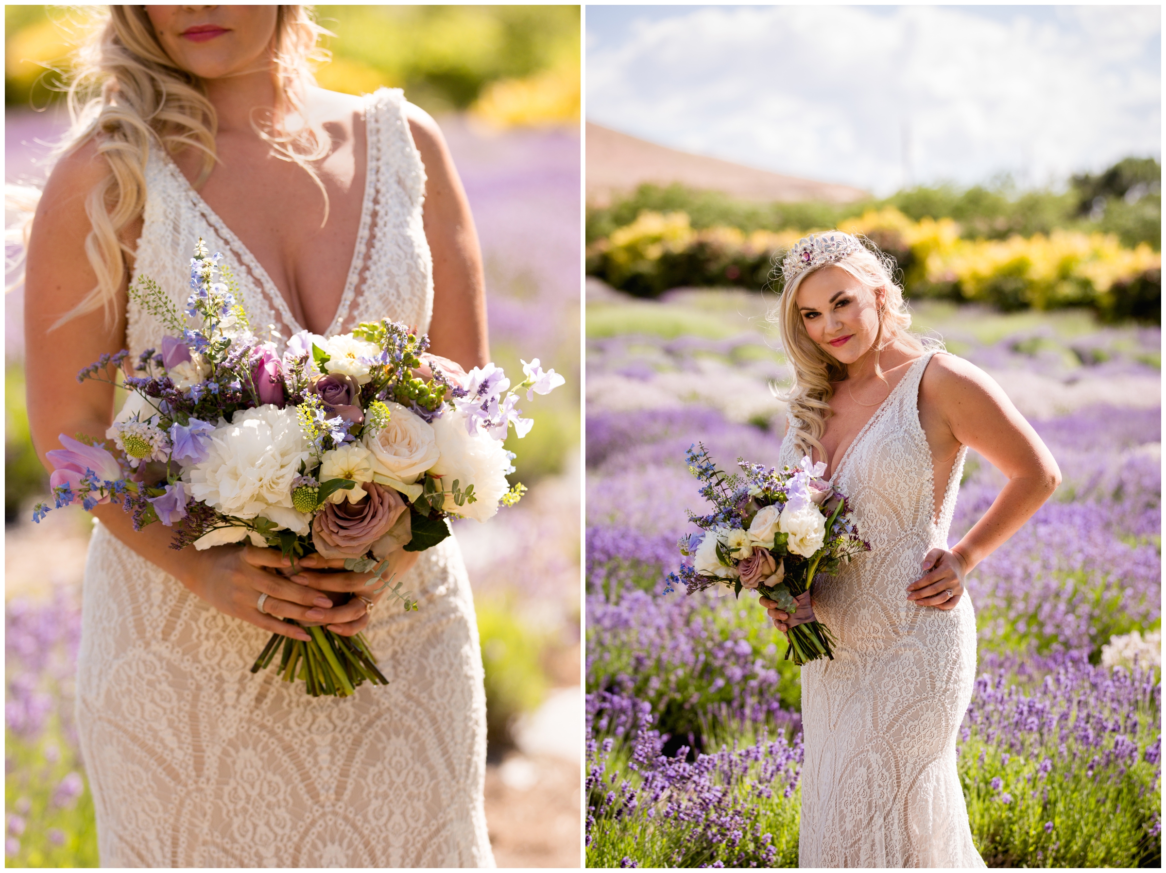 bride posing in lavender fields during Colorado mountain wedding photography session 