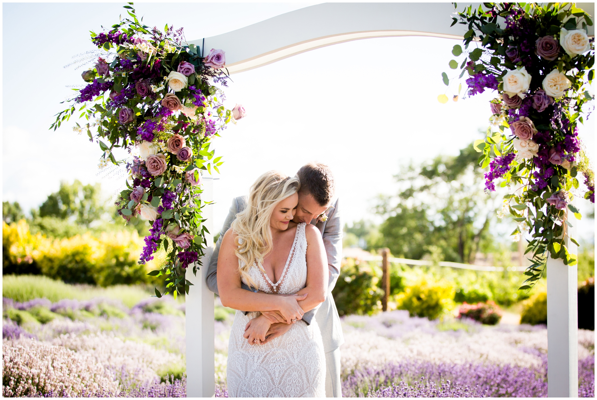 couple hugging during Colorado garden wedding photography session 